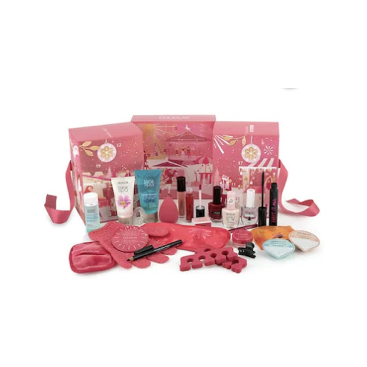 Pinker Adventskalender mit Schönheitsprodukten, darunter Make-up und Hautpflegeartikel.