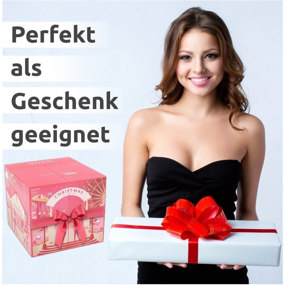 Frau hält Geschenkbox mit roter Schleife, Text auf Deutsch.