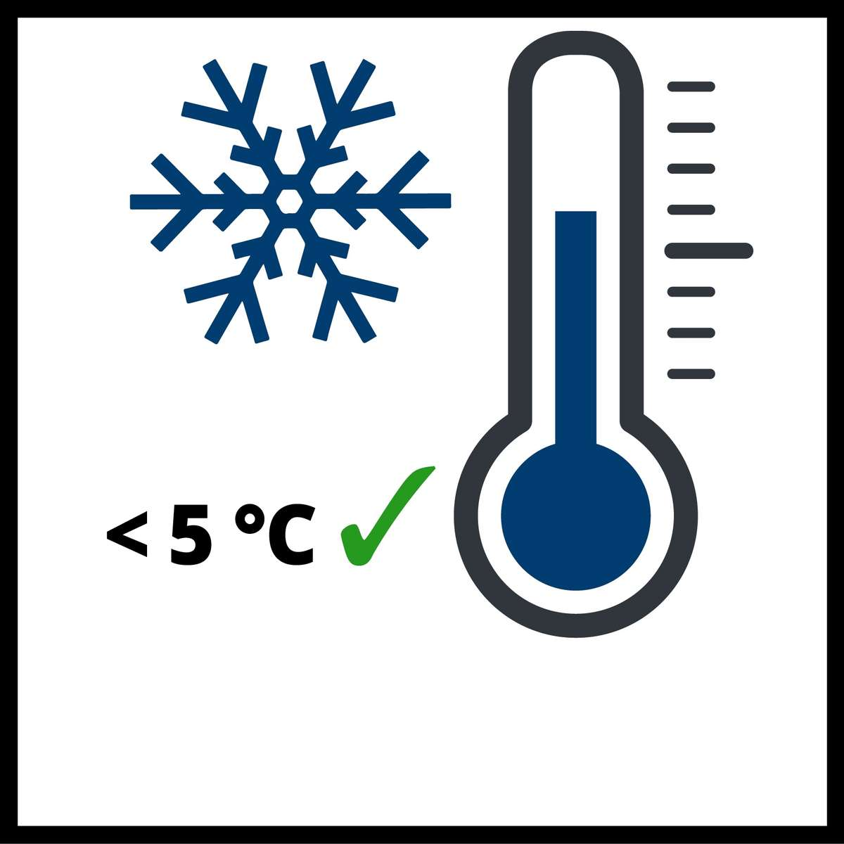 Symbol mit Schneeflocke, Thermometer unter 5 Grad Celsius und grünem Häkchen.