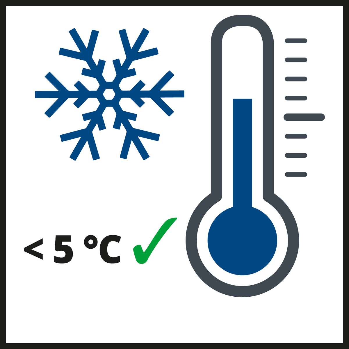 Temperaturanzeige mit Schneeflockensymbol, unter 5 Grad Celsius und einem grünen Häkchen.