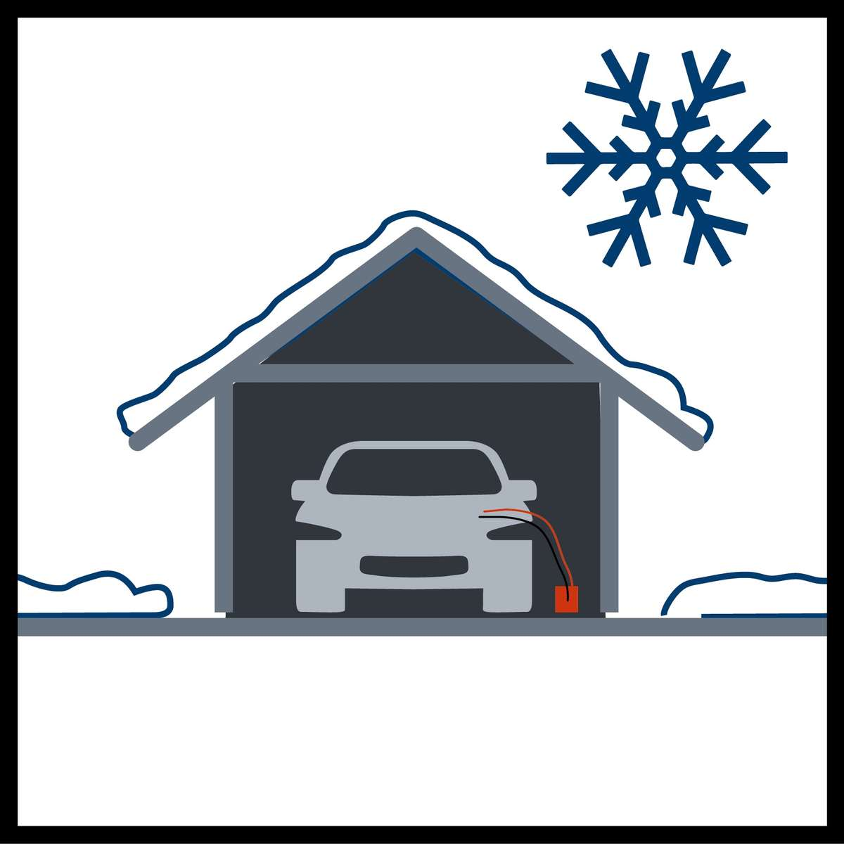 Auto in Garage mit Schneeflocke. Das Auto ist grau, die Garage ist dunkelgrau.