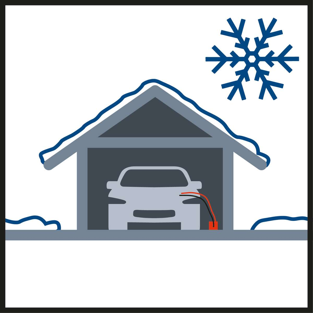 Cartoon-Illustration eines Autos in einer Garage mit Schnee und einem Schneeflocken-Symbol. Ladesymbol.