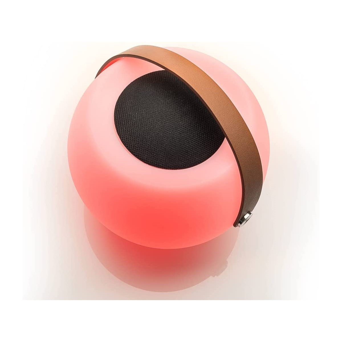 Rosa, runder Bluetooth-Lautsprecher mit braunem Lederriemen und schwarzem Mesh-Lautsprecher.