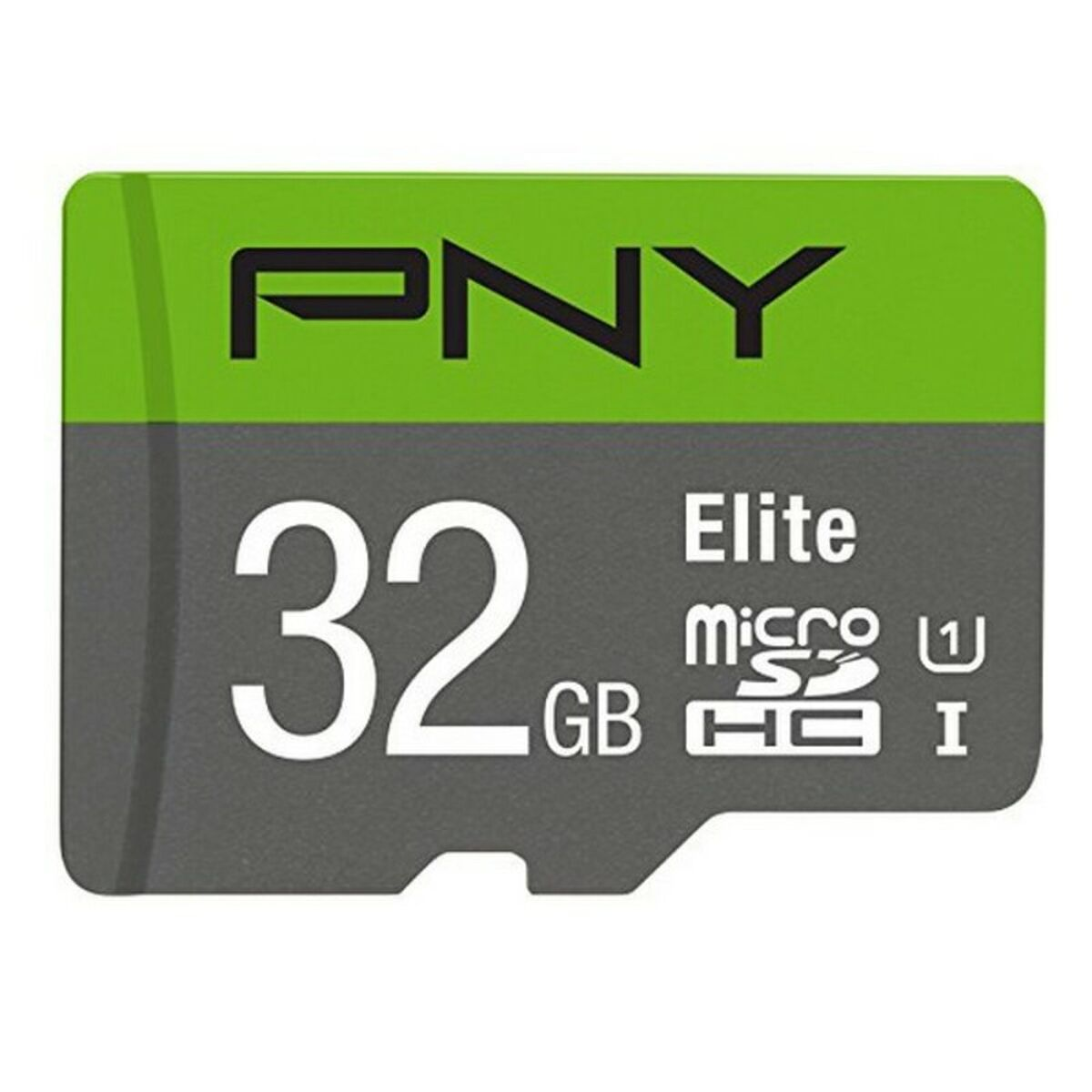 Une carte microSD PNY Elite de 32 Go, avec des couleurs vertes et grises, et le texte 32 Go.