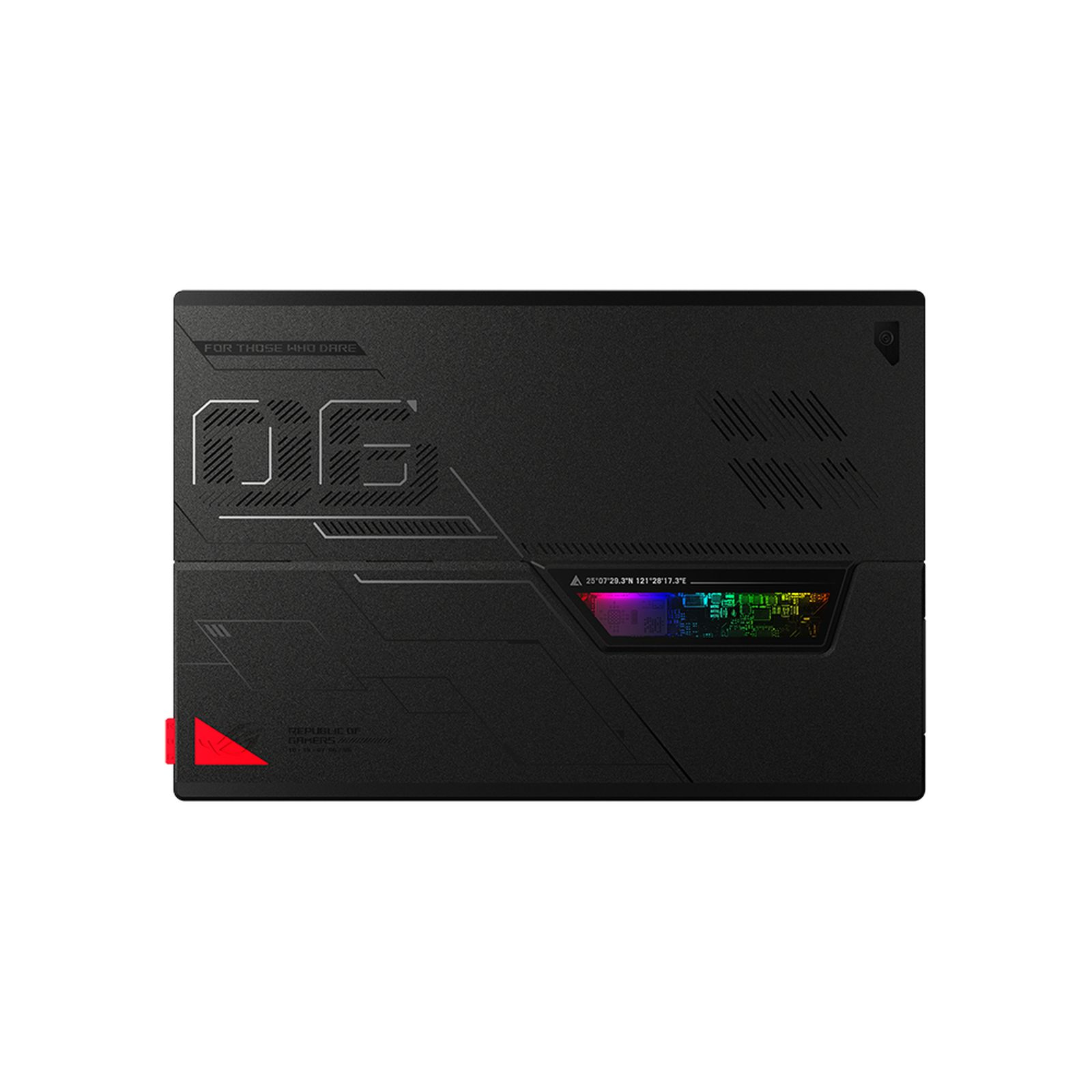 Schwarzer Laptop mit Text und Design auf der Rückseite.