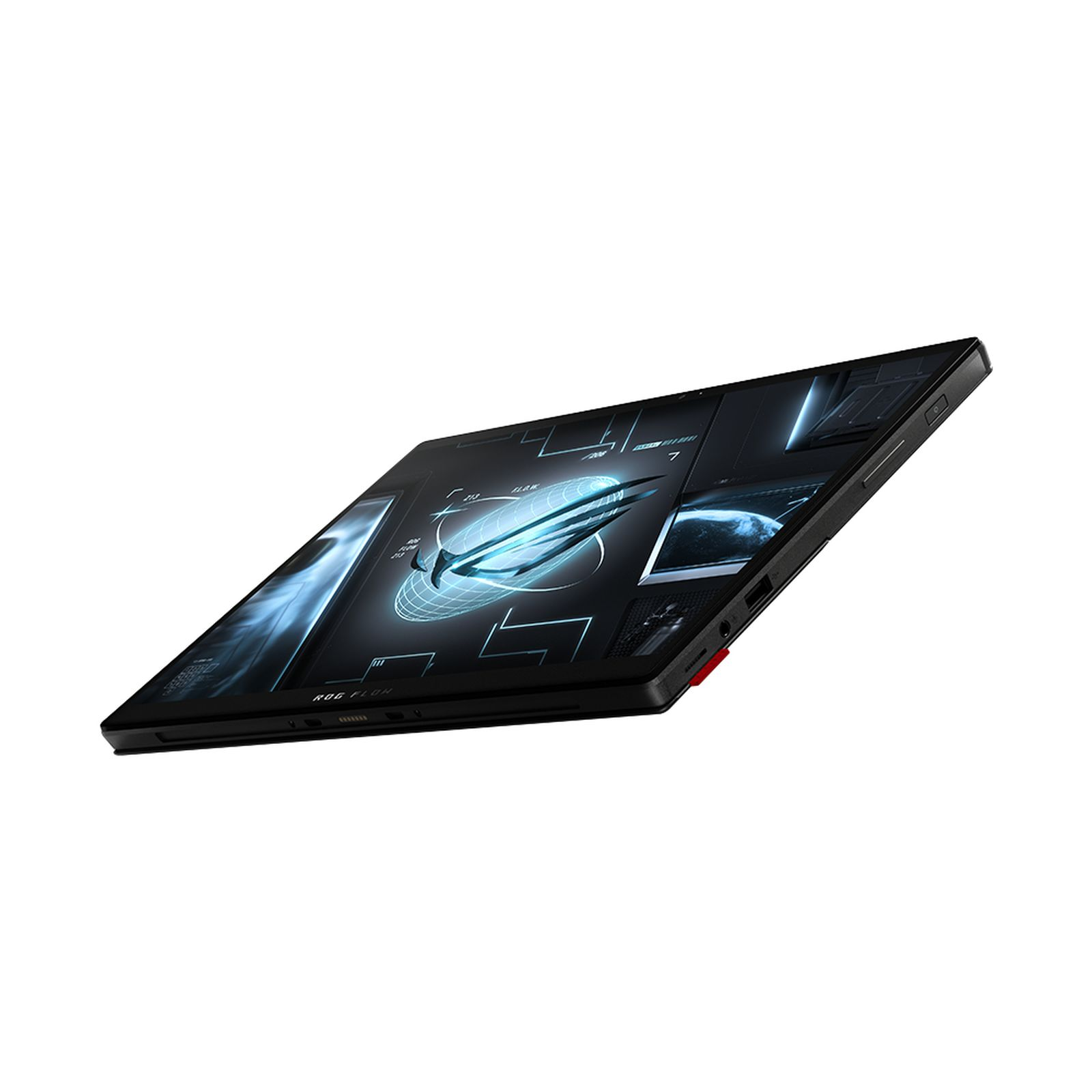 Schwarzer Laptop mit Grafikbildschirm. Es ist geneigt und zeigt ein Design.