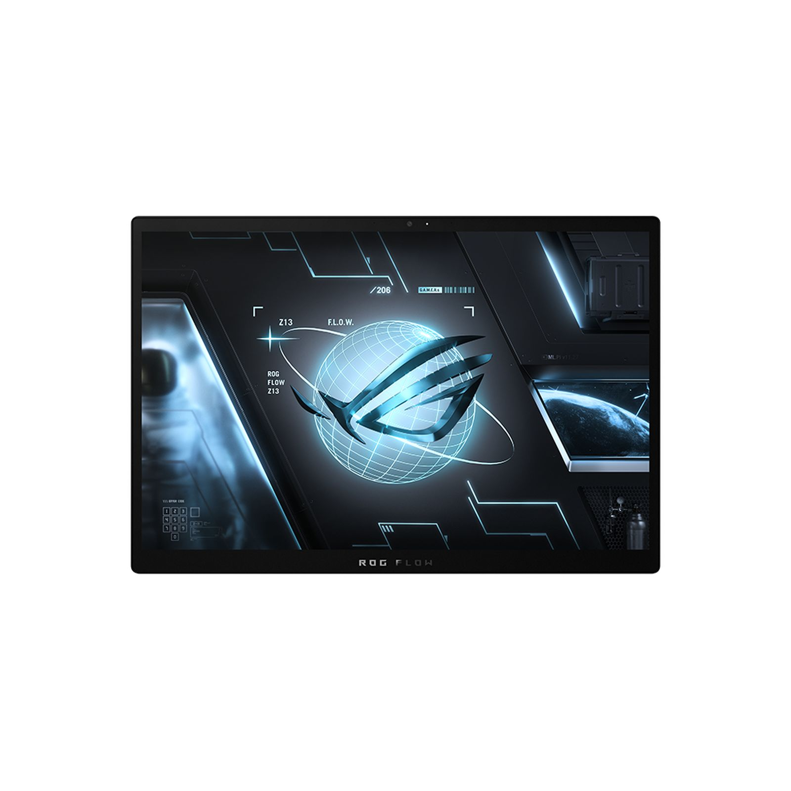 Ein Laptop-Bildschirm zeigt eine futuristische Grafik. Der Laptop ist schwarz mit blauen Akzenten, ROG FLOW Logo.