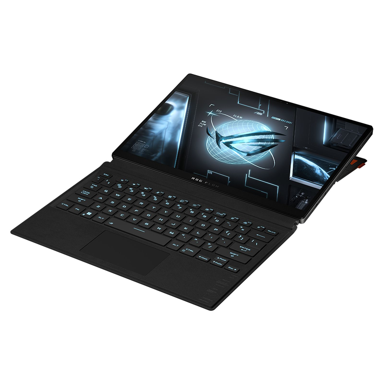 Schwarzer Laptop mit offenem Bildschirm, der ein Grafikdesign zeigt.