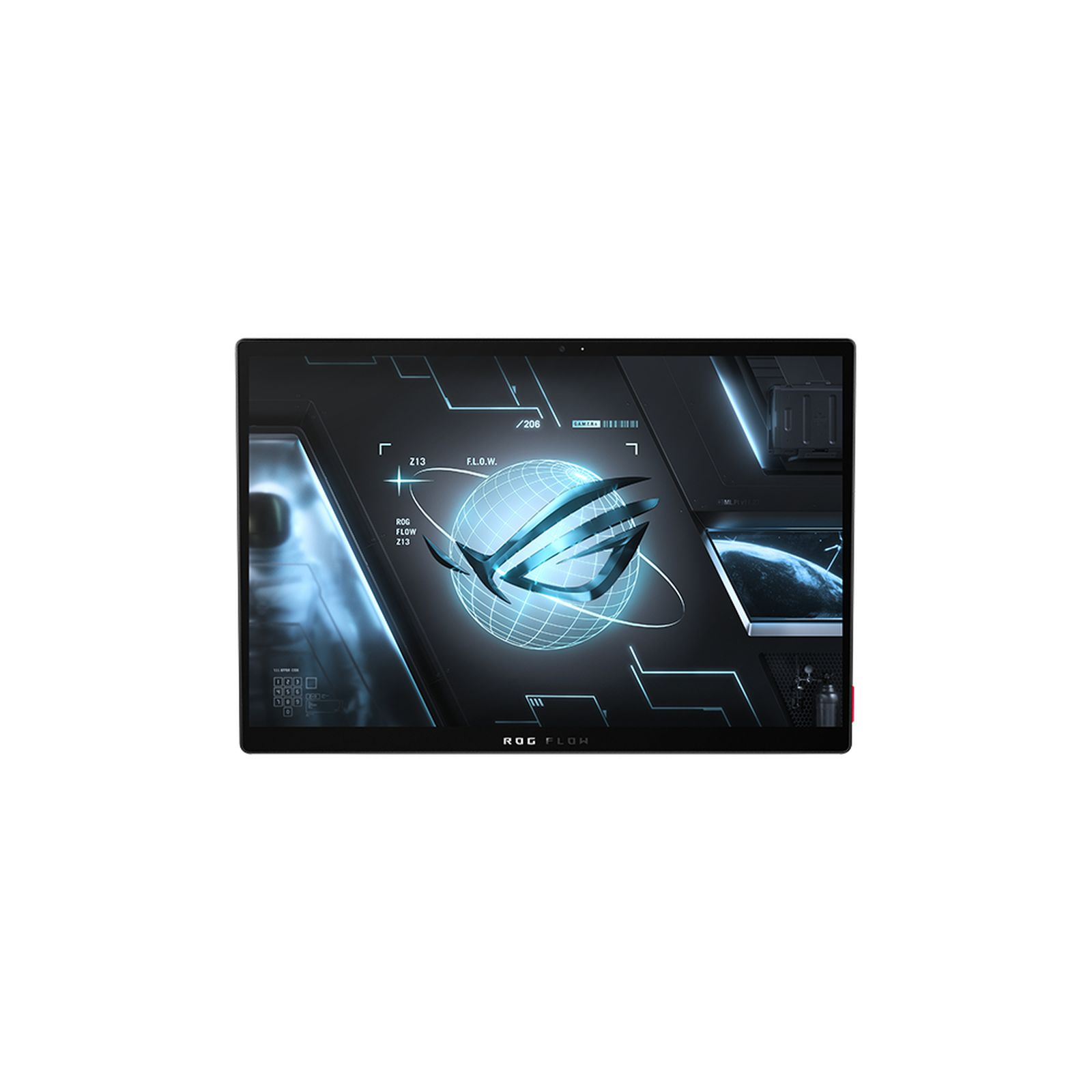 Laptop-Bildschirm mit blauem und weißem Design, ROG FLOW-Logo.