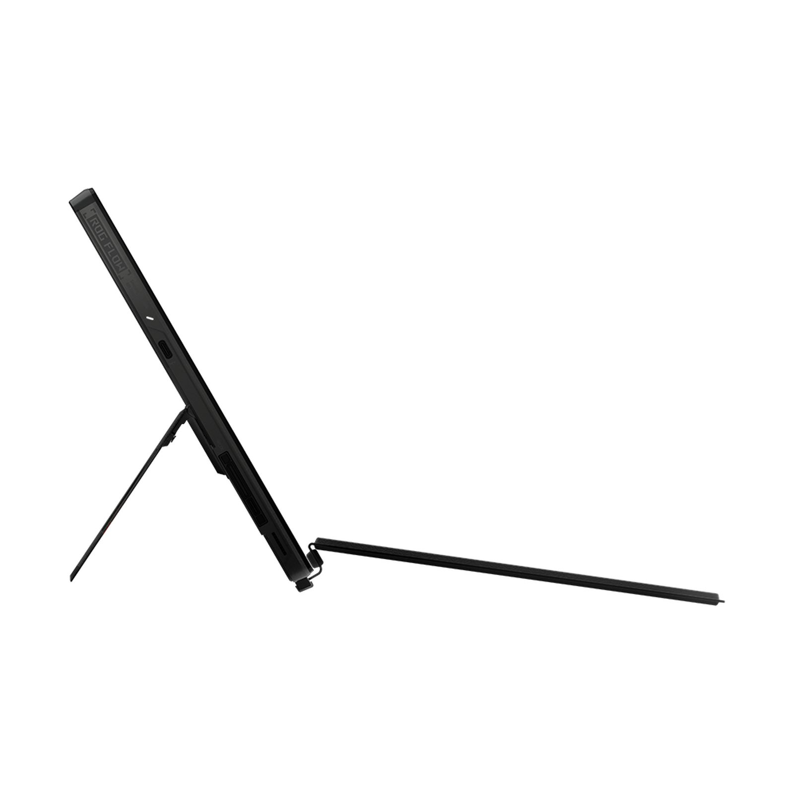 Ein schwarzes Tablet mit Ständer und Stift. Das Tablet ist in einem Winkel auf weißem Hintergrund positioniert.