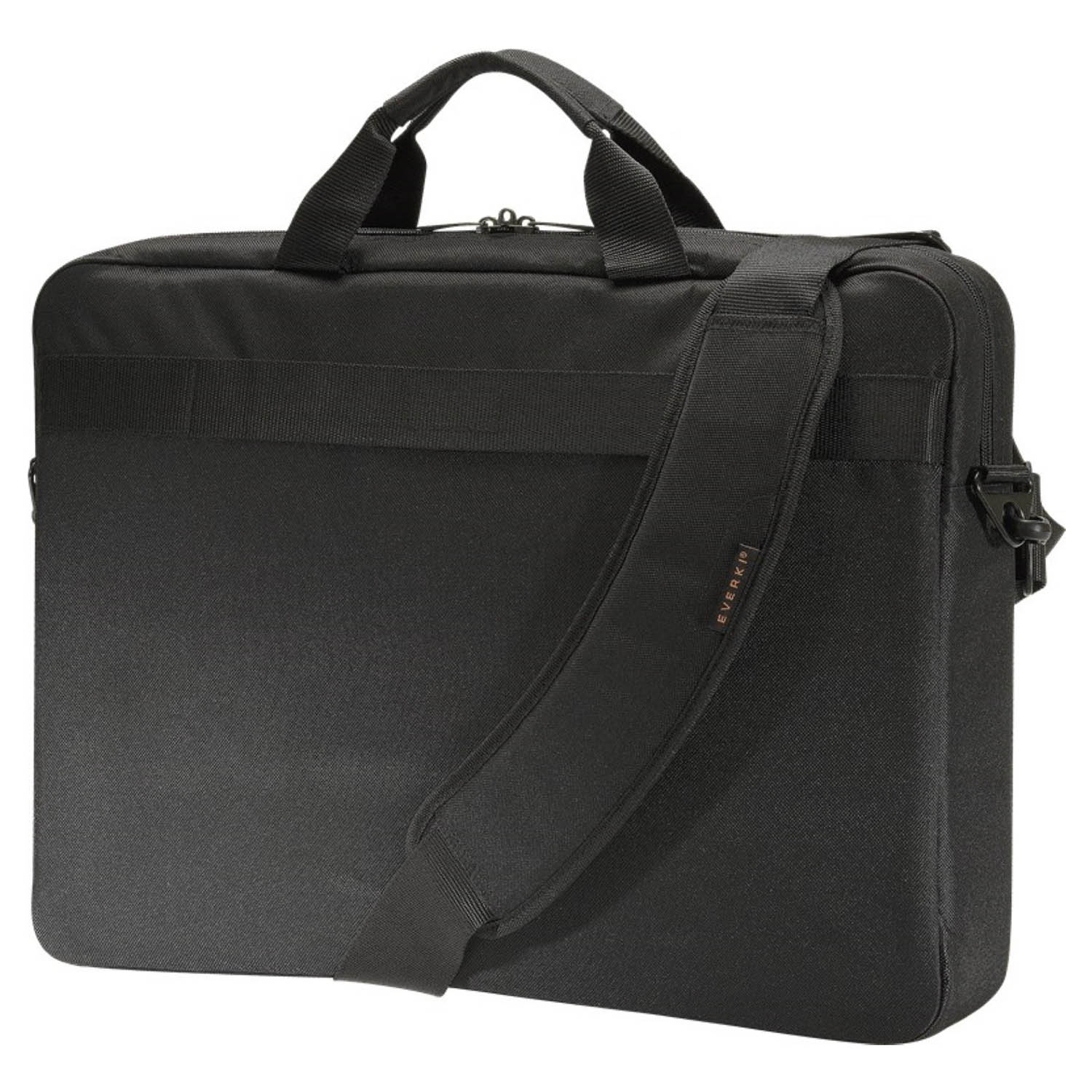 Schwarze Laptoptasche mit Schulterriemen. Die Tasche hat einen Griff und einen Seitenverschluss.