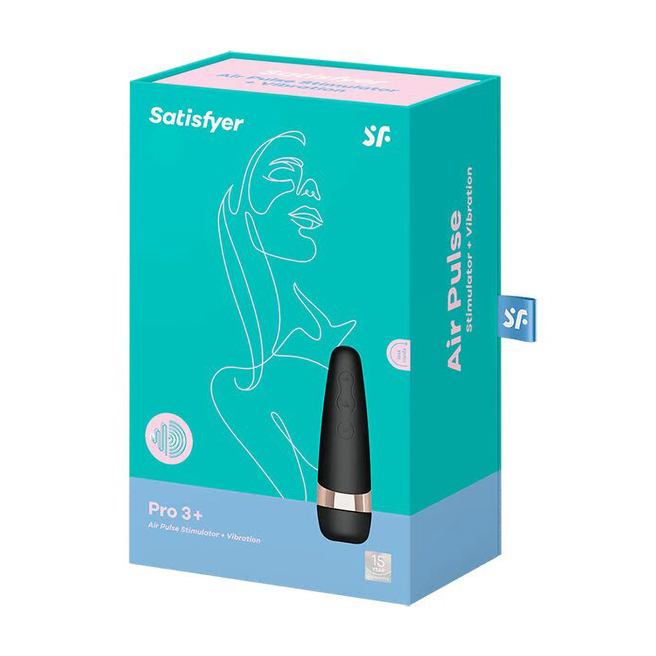 Turkusowe pudełko z rysunkiem twarzy kobiety. Reklamuje wibrator Satisfyer Air Pulse Pro 3+.