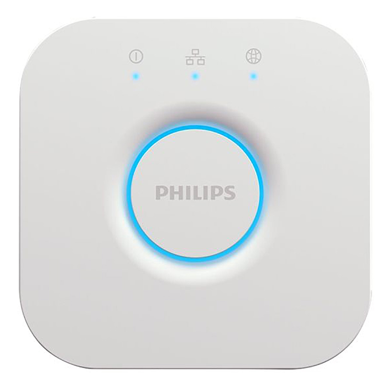 Mavi bir ışık ve Philips marka adı olan beyaz bir akıllı ev cihazı.