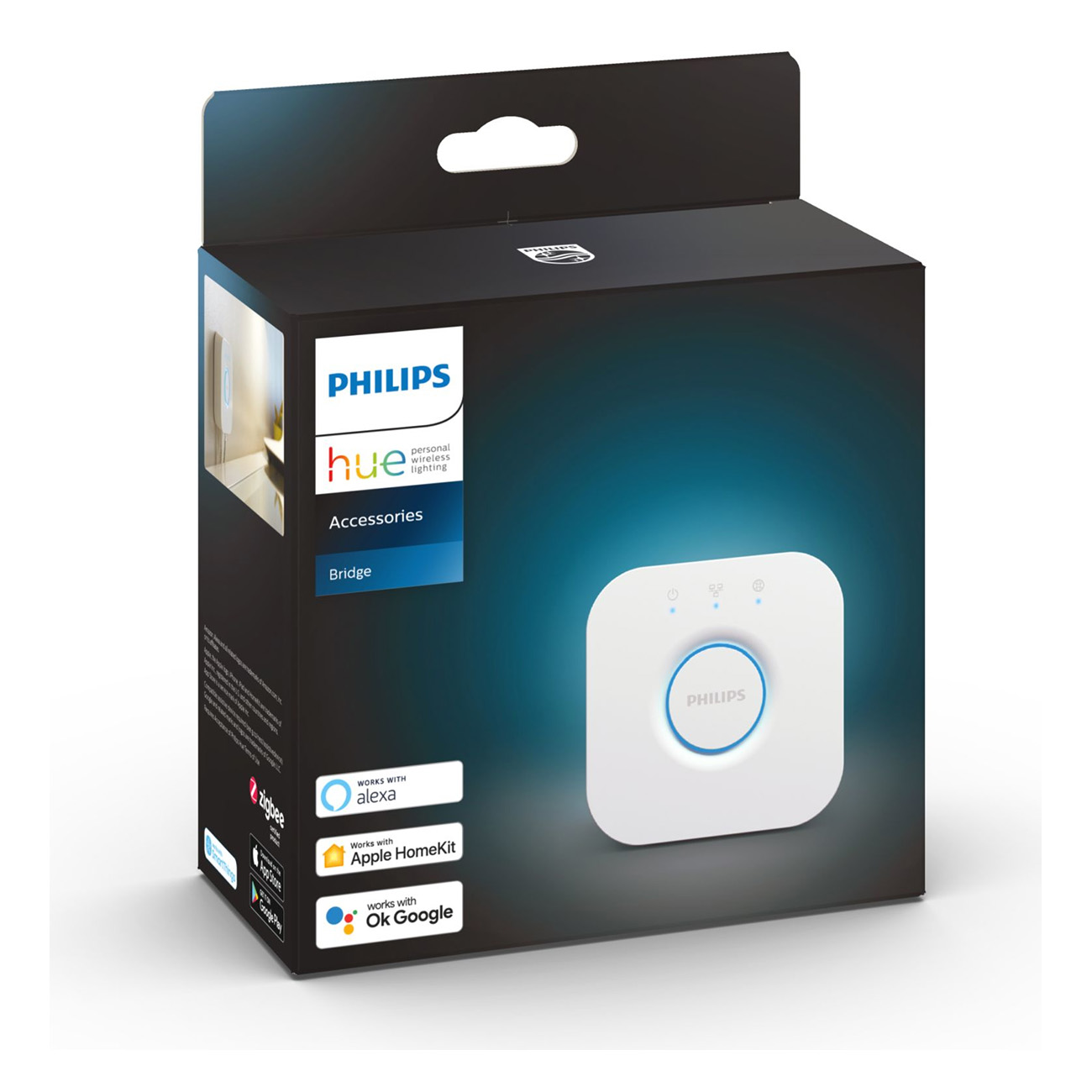 Philips Hue aksesuarları kutusu, içinde beyaz bir köprü ve ürün detayları.