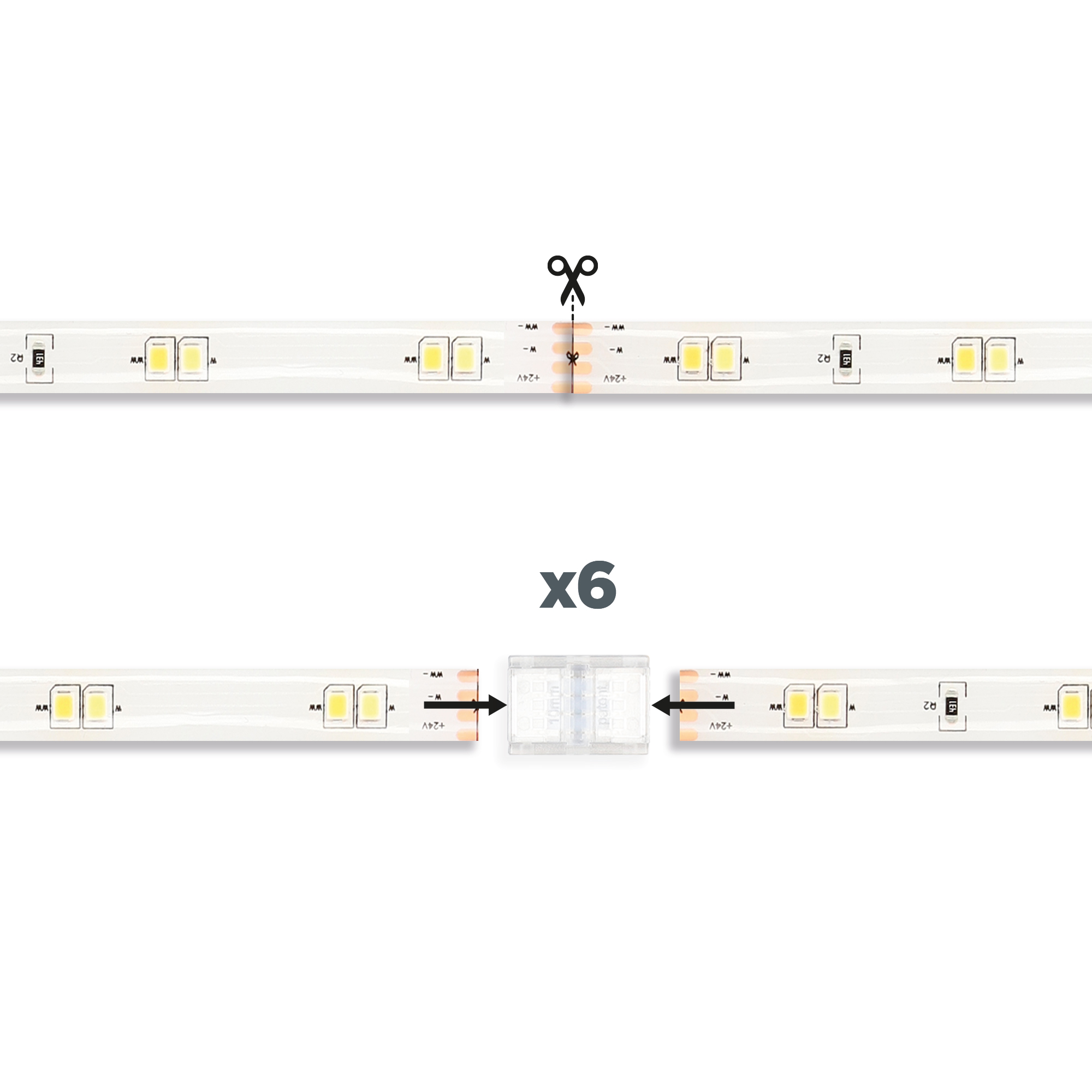 Dos tiras de luces LED, conectadas con un conector, marcadas con tijeras.