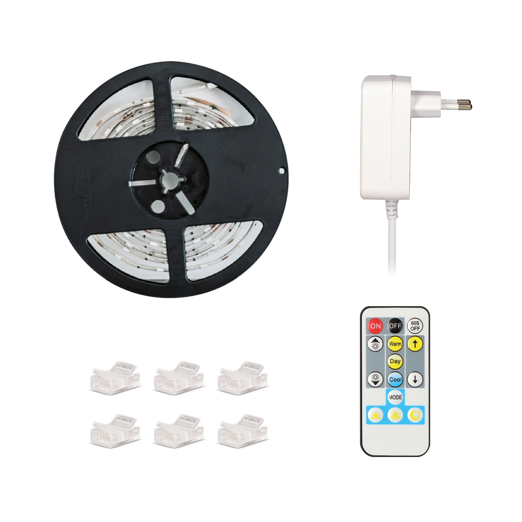Tiras de luces LED, conectores, mando a distancia y fuente de alimentación.