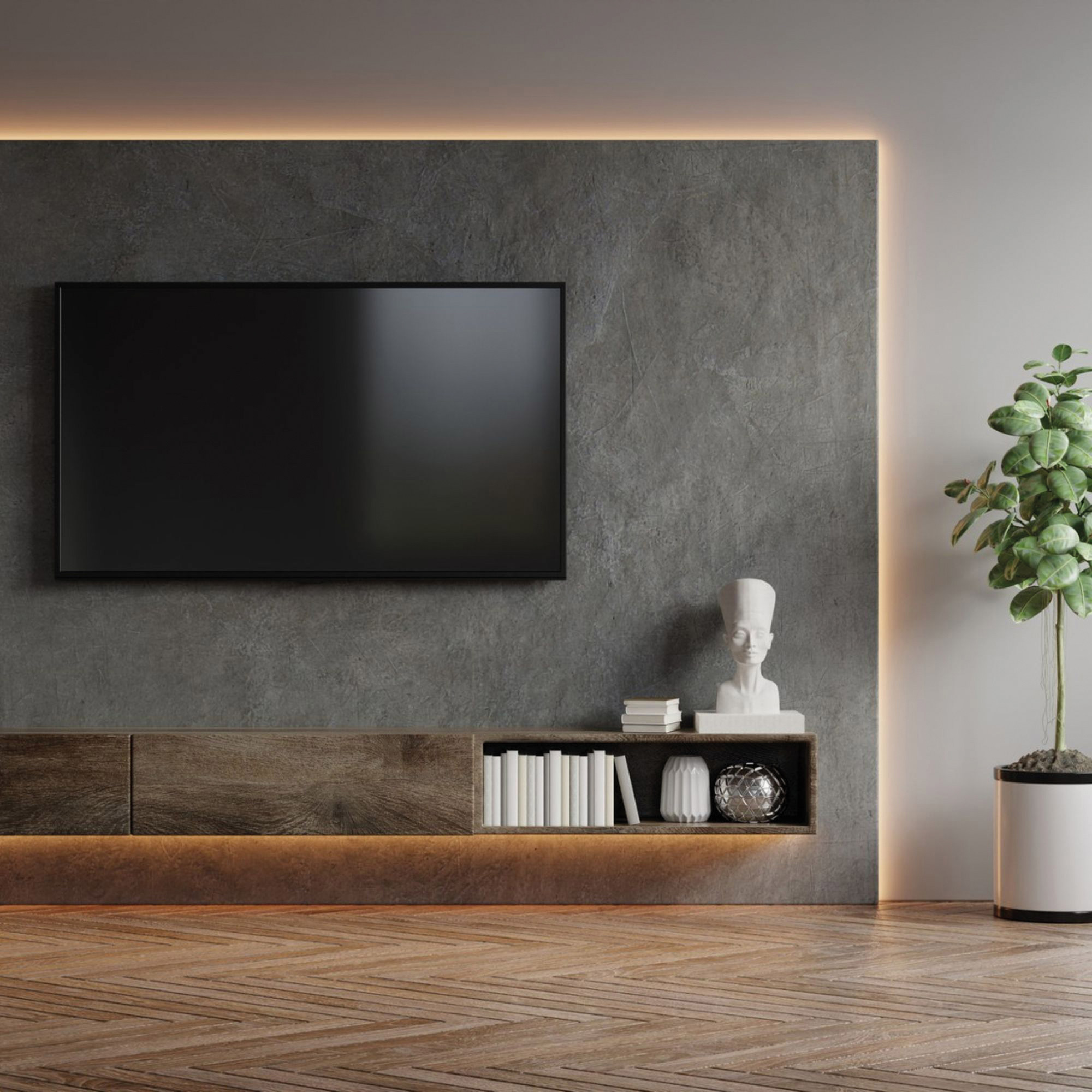 Salón moderno con TV en pared gris oscuro. Suelo de madera y planta.