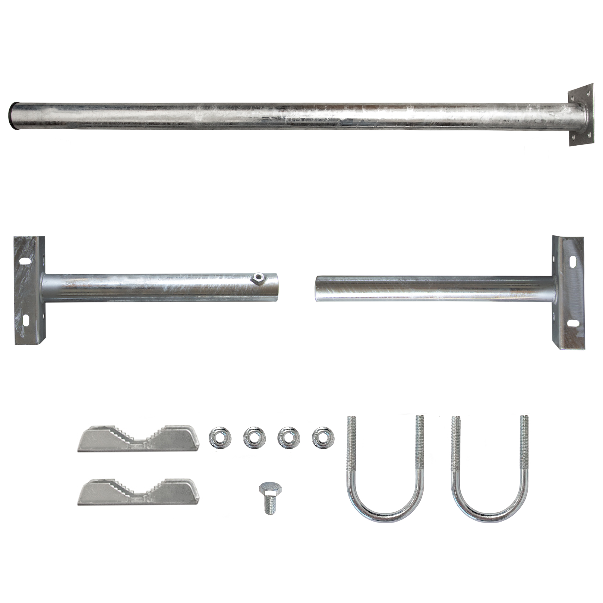 Metallteile: Stange, T-förmige Halterungen, Muttern, Schrauben und U-förmige Klemmen, auf weißem Grund.