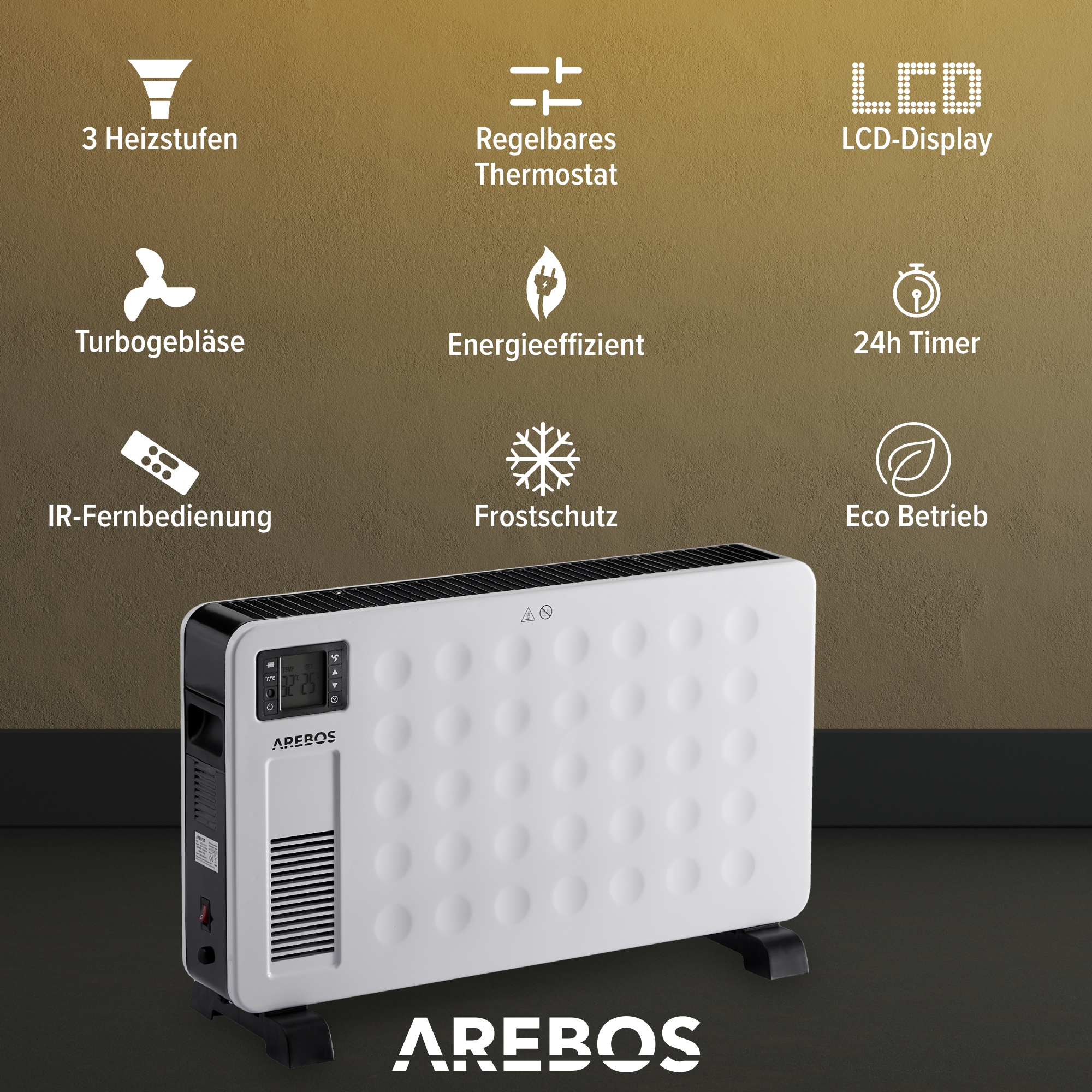 | Watt) integriertes (2300 Energiesparend Thermostat Konvektor AREBOS Fernbedienung Inkl.