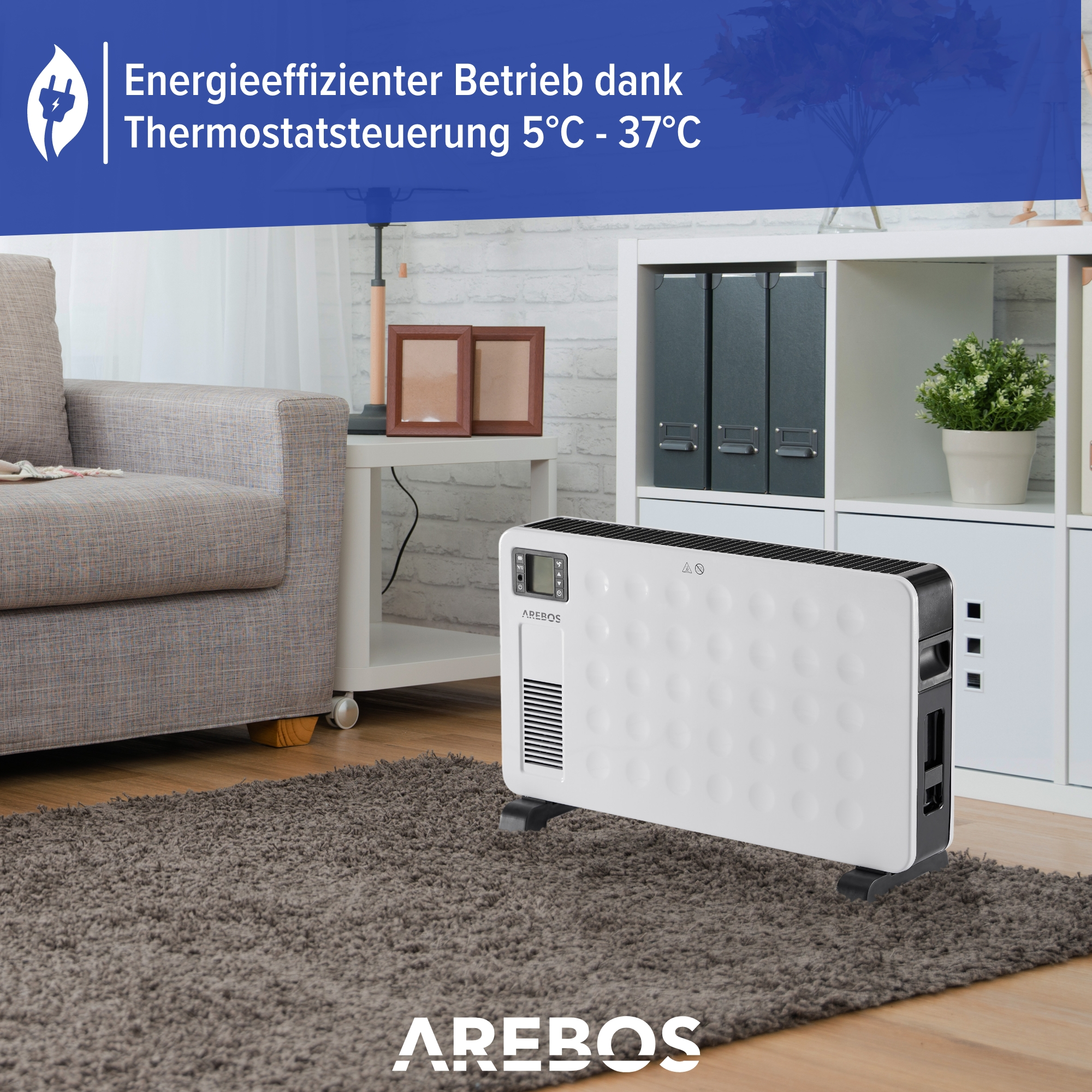 AREBOS integriertes Inkl. Energiesparend | Watt) Thermostat (2300 Fernbedienung Konvektor