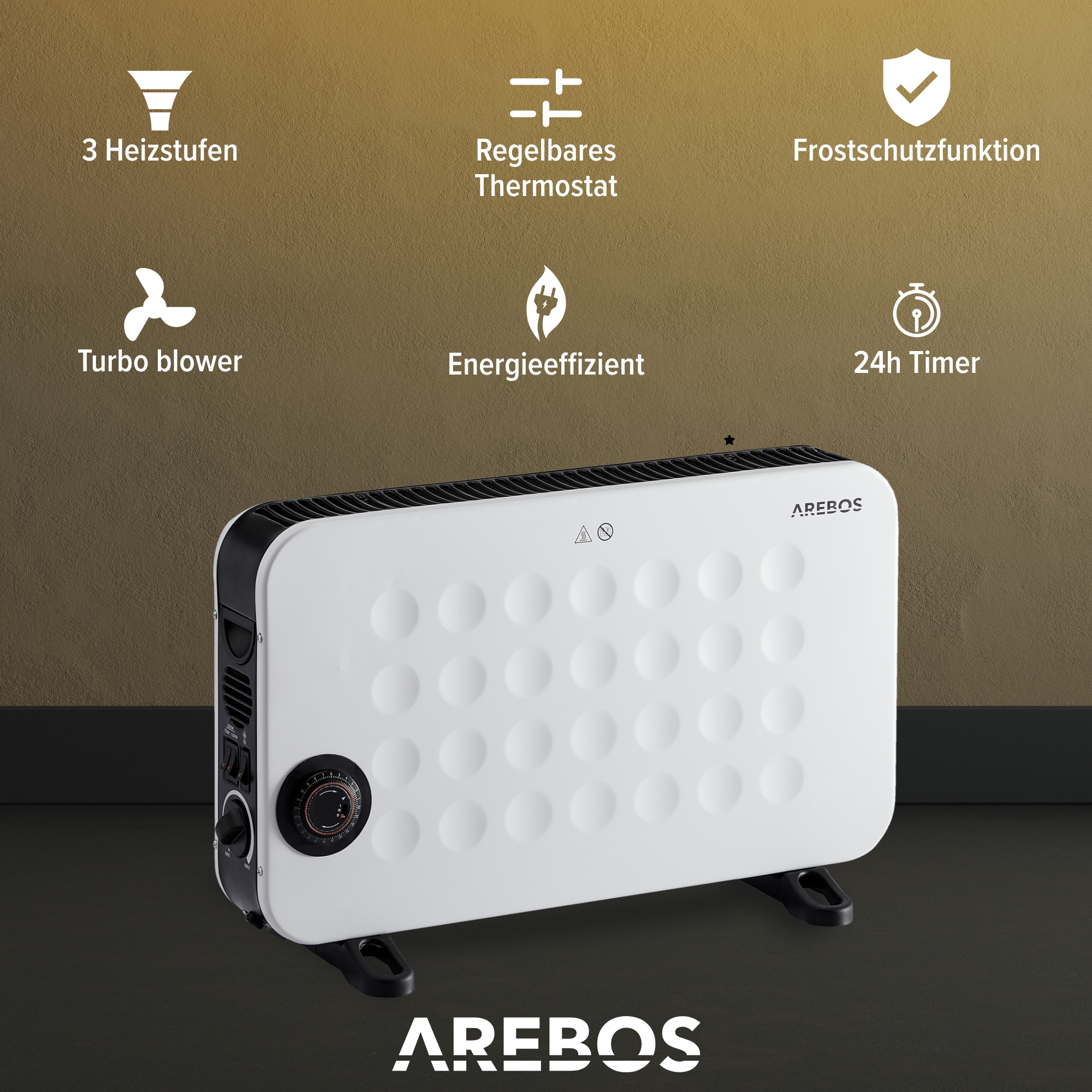 AREBOS 3 leistungsstarke Konvektor | Heizstufen | (2000 Watt) Thermostat