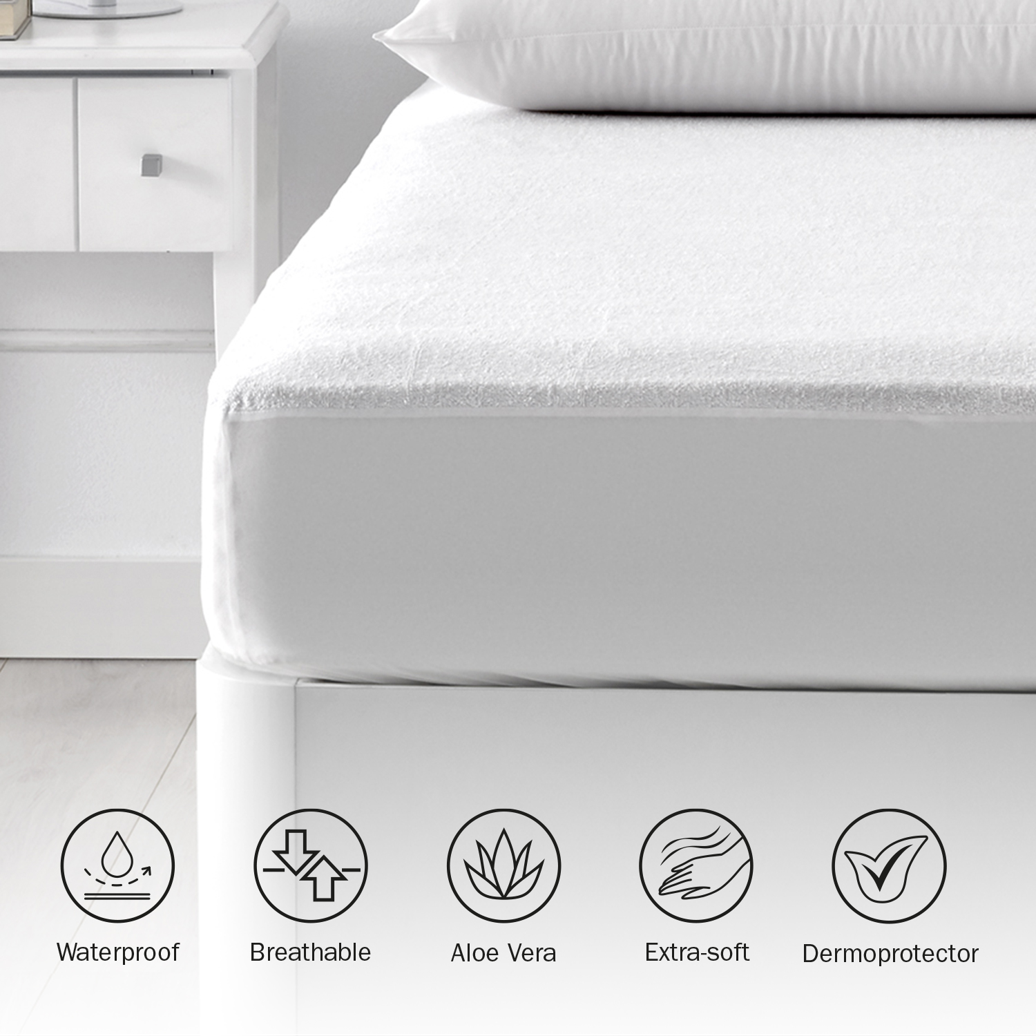 Cama blanca con protector de colchón blanco, iconos que indican impermeable, transpirable, aloe vera, extra suave y dermoprotector.
