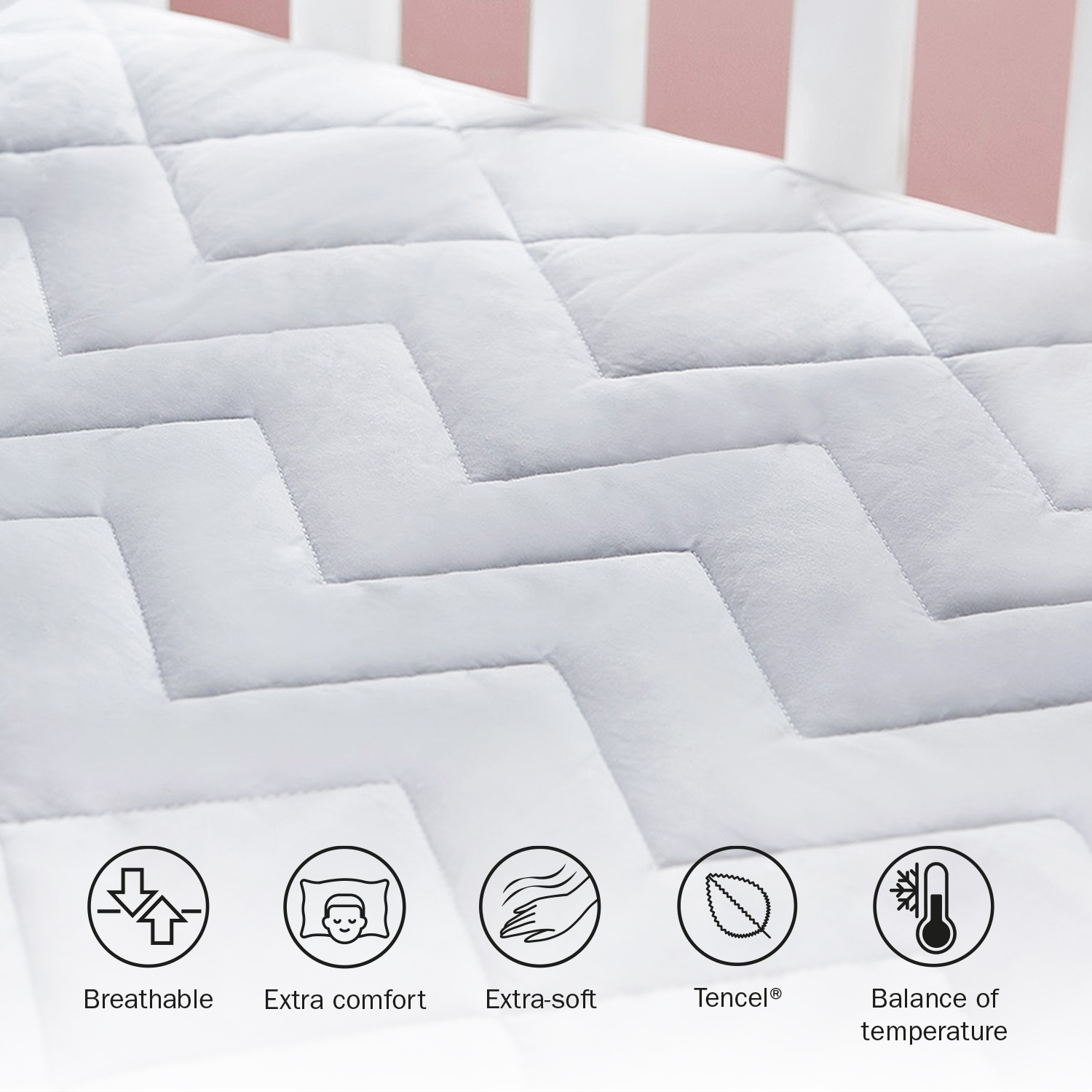 Primer plano de un protector de colchón blanco acolchado con costuras en zigzag e iconos de características.