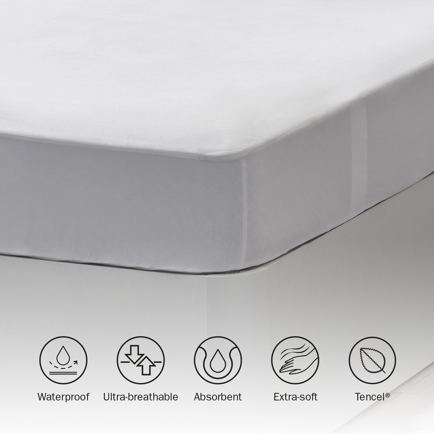 Funda de colchón blanca con iconos de impermeable, transpirable, absorbente, suave y tencel.