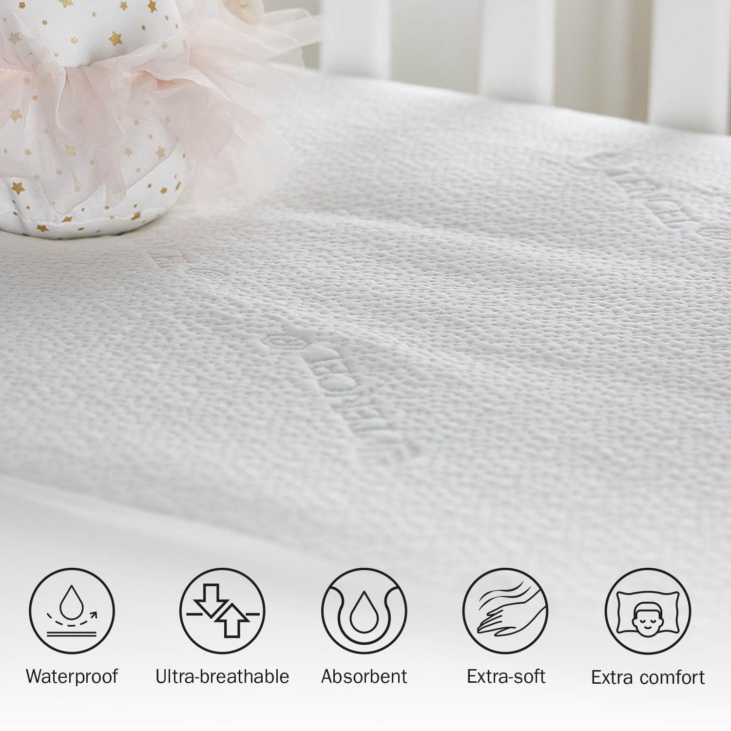 Primer plano de un colchón para bebé con iconos que indican impermeable, transpirable, absorbente, suave y cómodo.