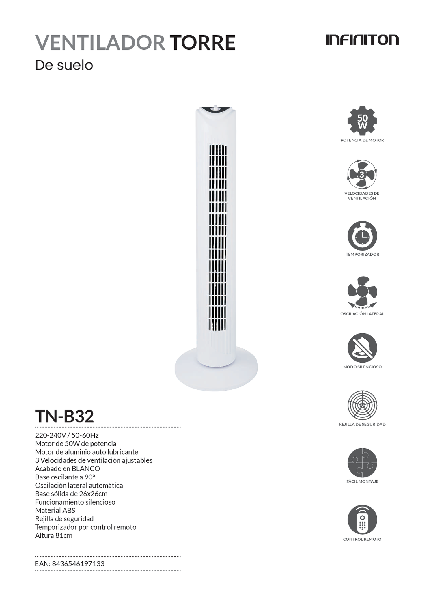 Ventilador de torre blanco con folleto informativo. Texto e iconos visibles.