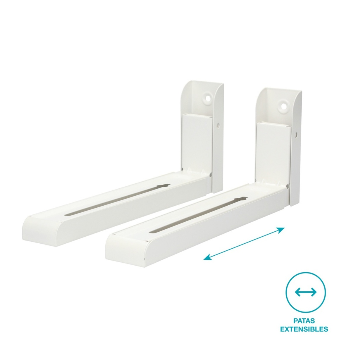 Dos soportes blancos ajustables para horno microondas. Las flechas indican la función extensible.