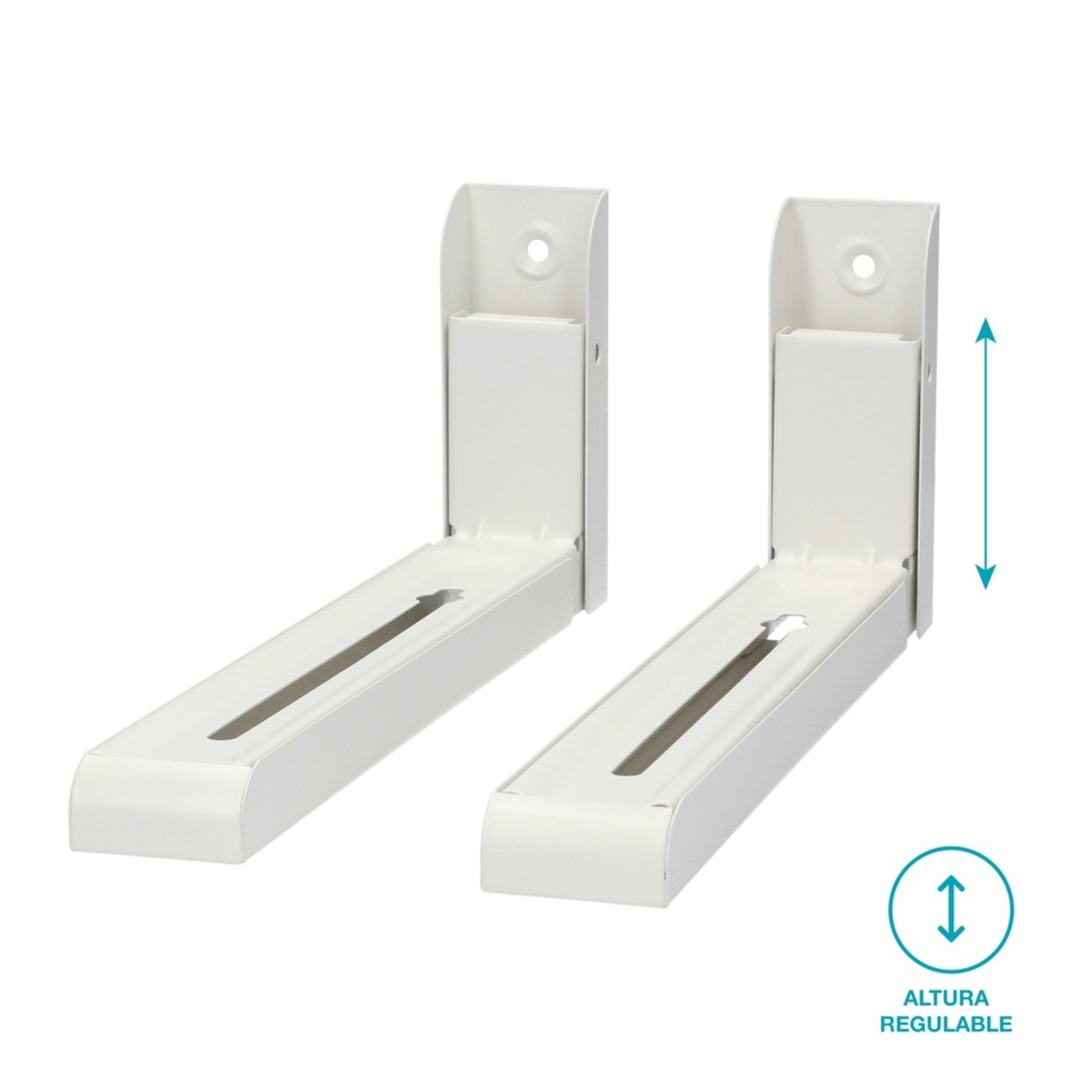 Dos soportes blancos para microondas, vista lateral, con una flecha de ajuste de altura.