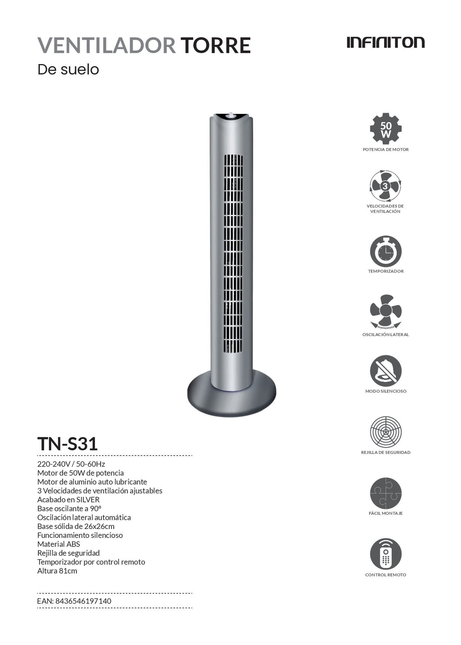 Un ventilador de torre plateado con parte superior negra y base redonda. Texto en español describe características y especificaciones.