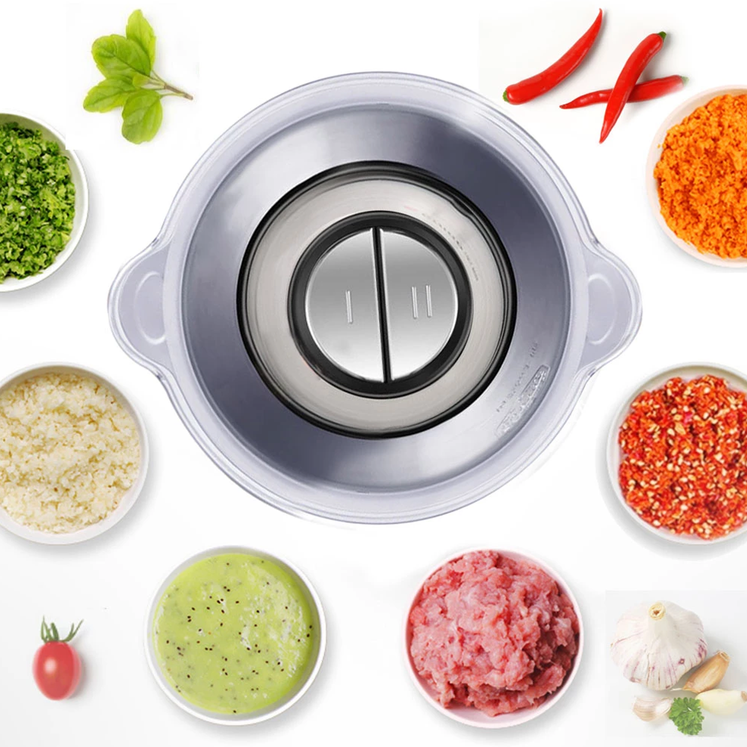 Vista cenital de un procesador de alimentos con ingredientes alrededor. Incluye ingredientes picados y enteros.