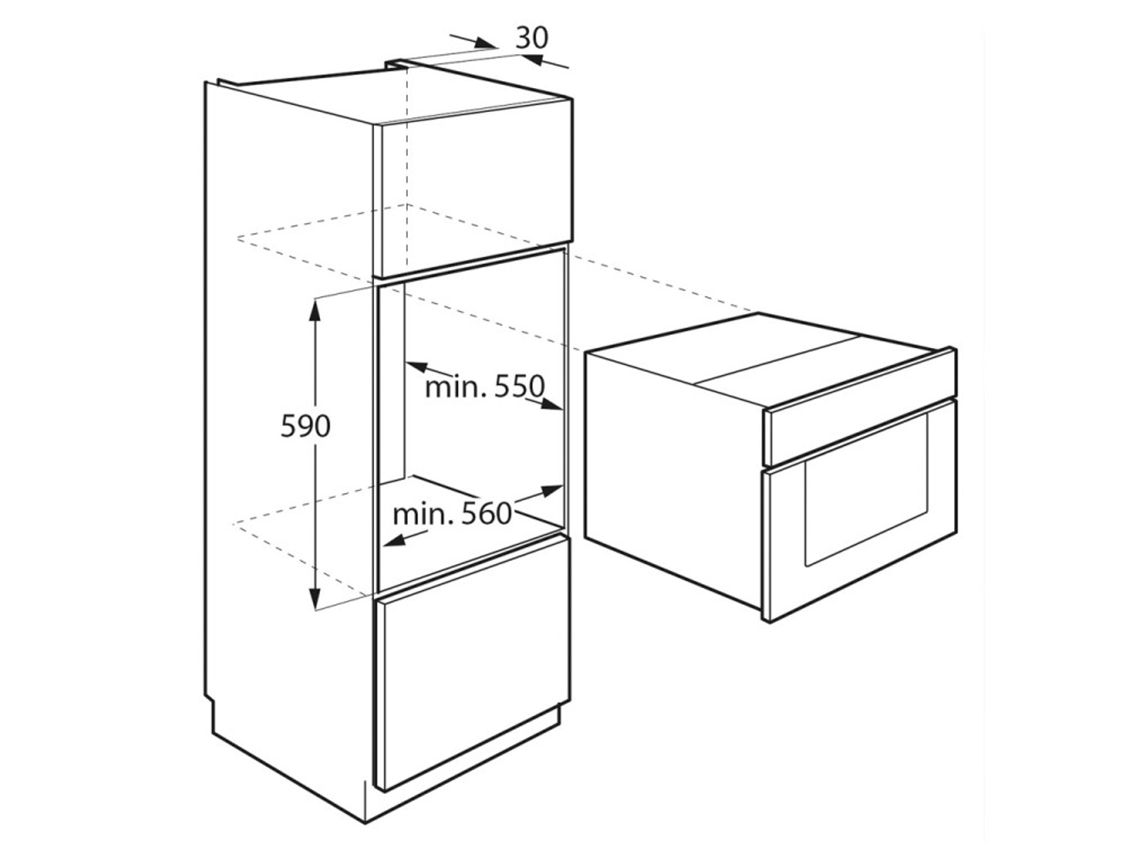 Diagrama de horno empotrado y mueble, con dimensiones y medidas.