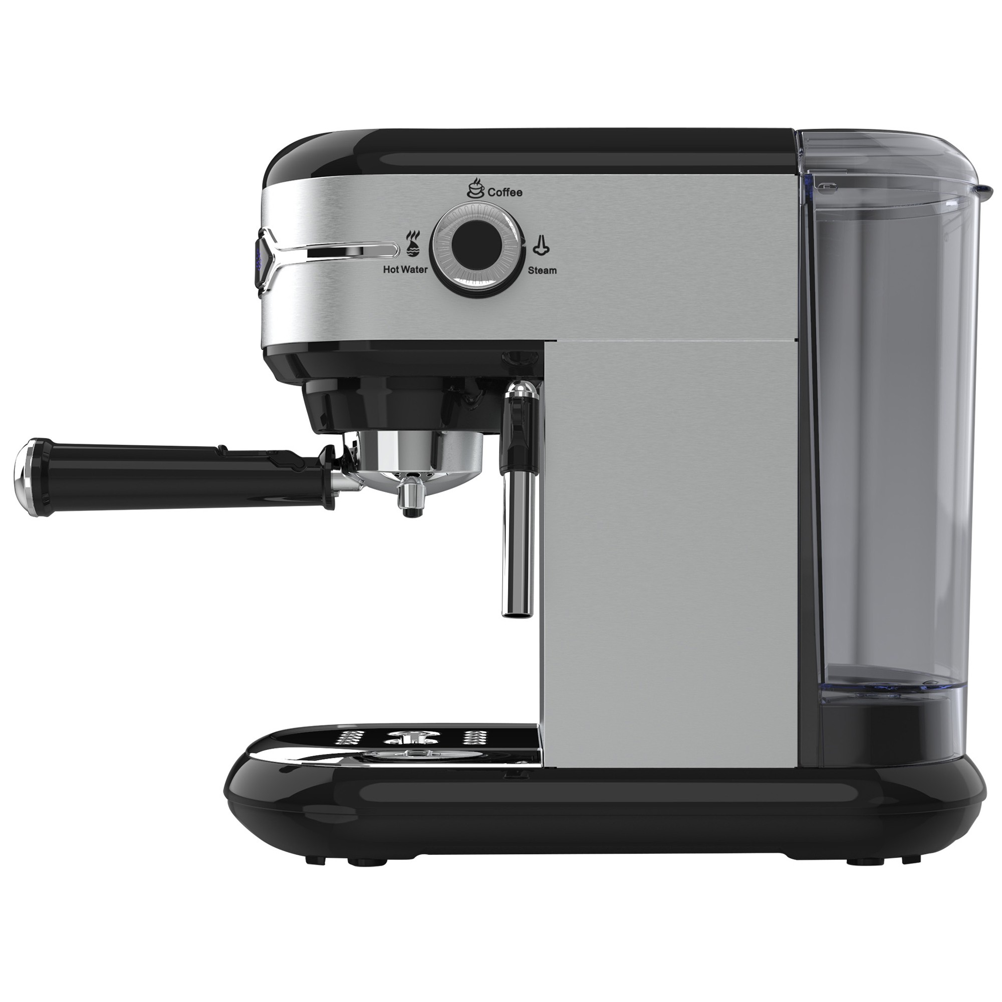 Una máquina de espresso de acero inoxidable y negra. Cuenta con un dial, vaporizador y depósito de agua.