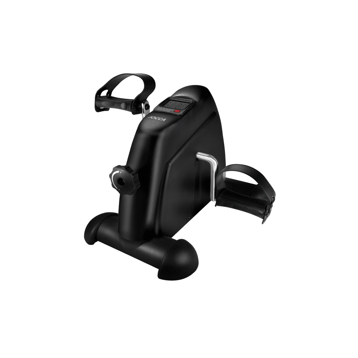 Mini cyclette nera con display digitale e cinghie per i piedi.