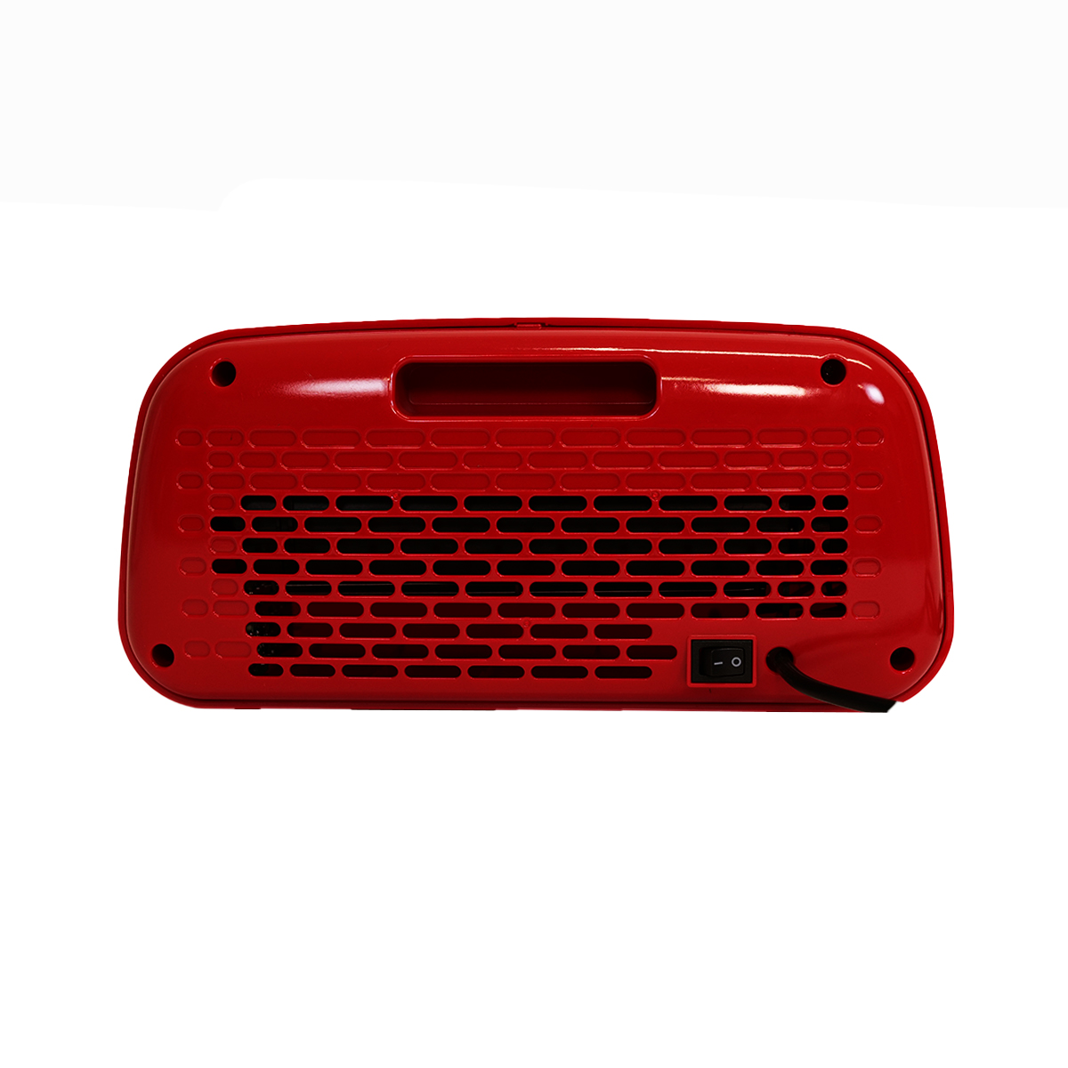 Parte trasera roja de un pequeño calefactor eléctrico. Tiene un interruptor y una rejilla.