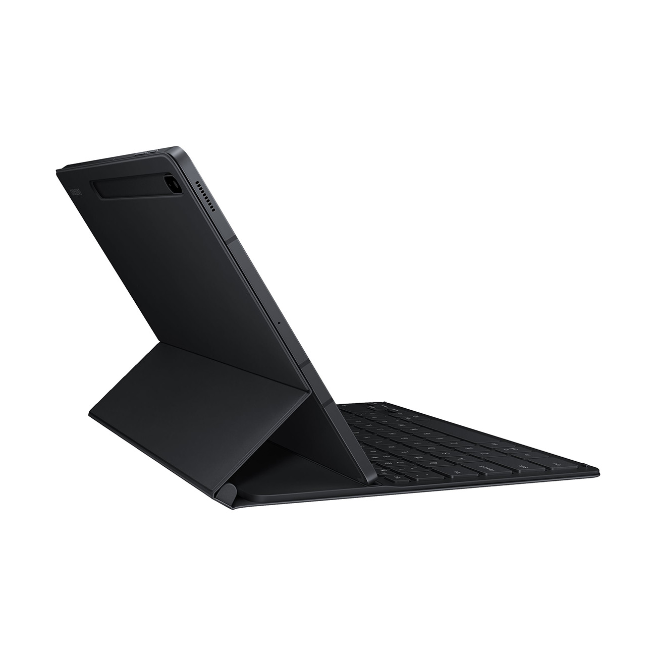 Schwarzes Tablet auf einer schwarzen Tastaturhülle, abgewinkelt geöffnet. Schwarzes Tablet.