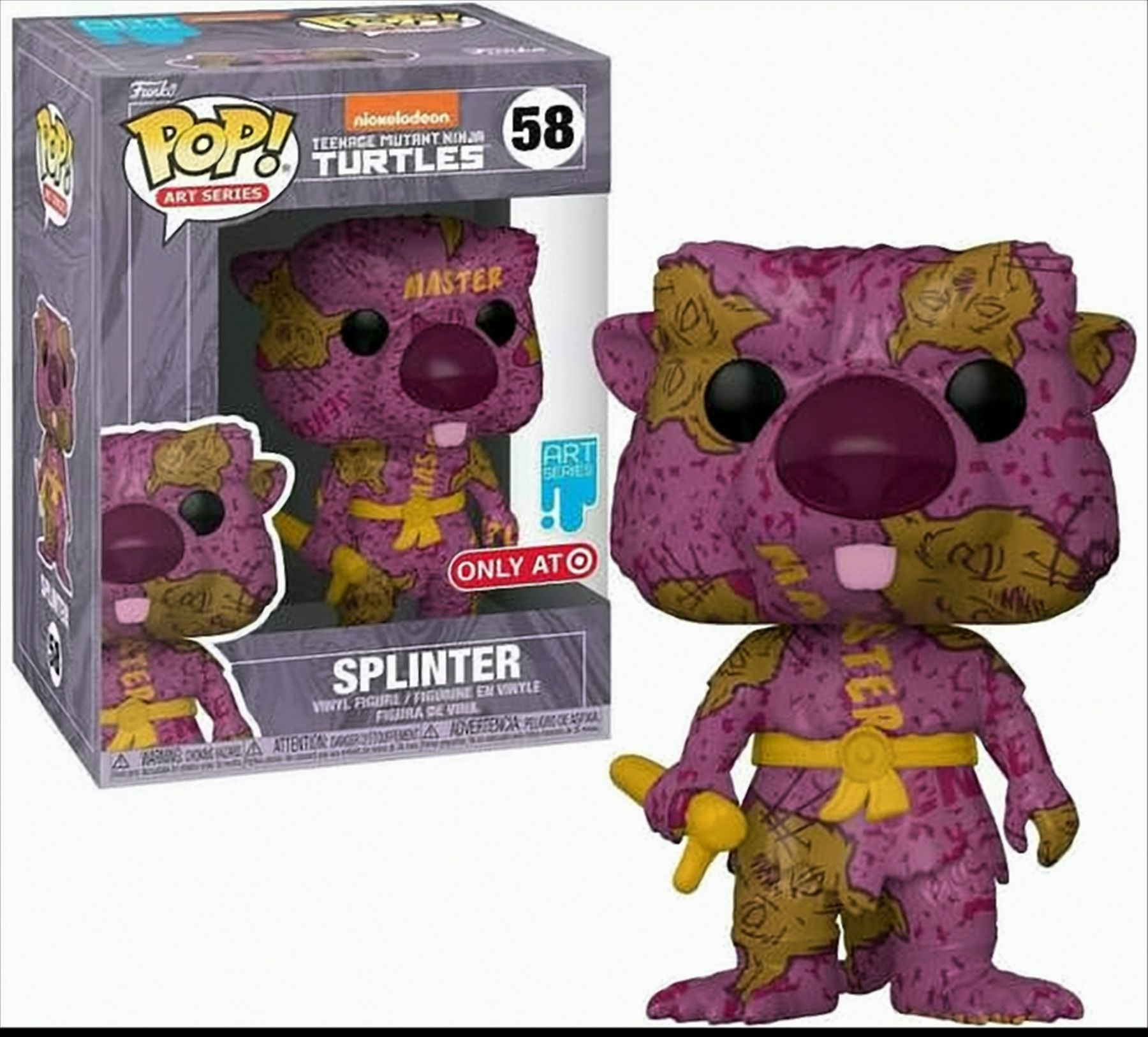 Splinter Teenage Mutant Ninja Turtles Figur in Box, lila und goldfarben, auf weißem Hintergrund.