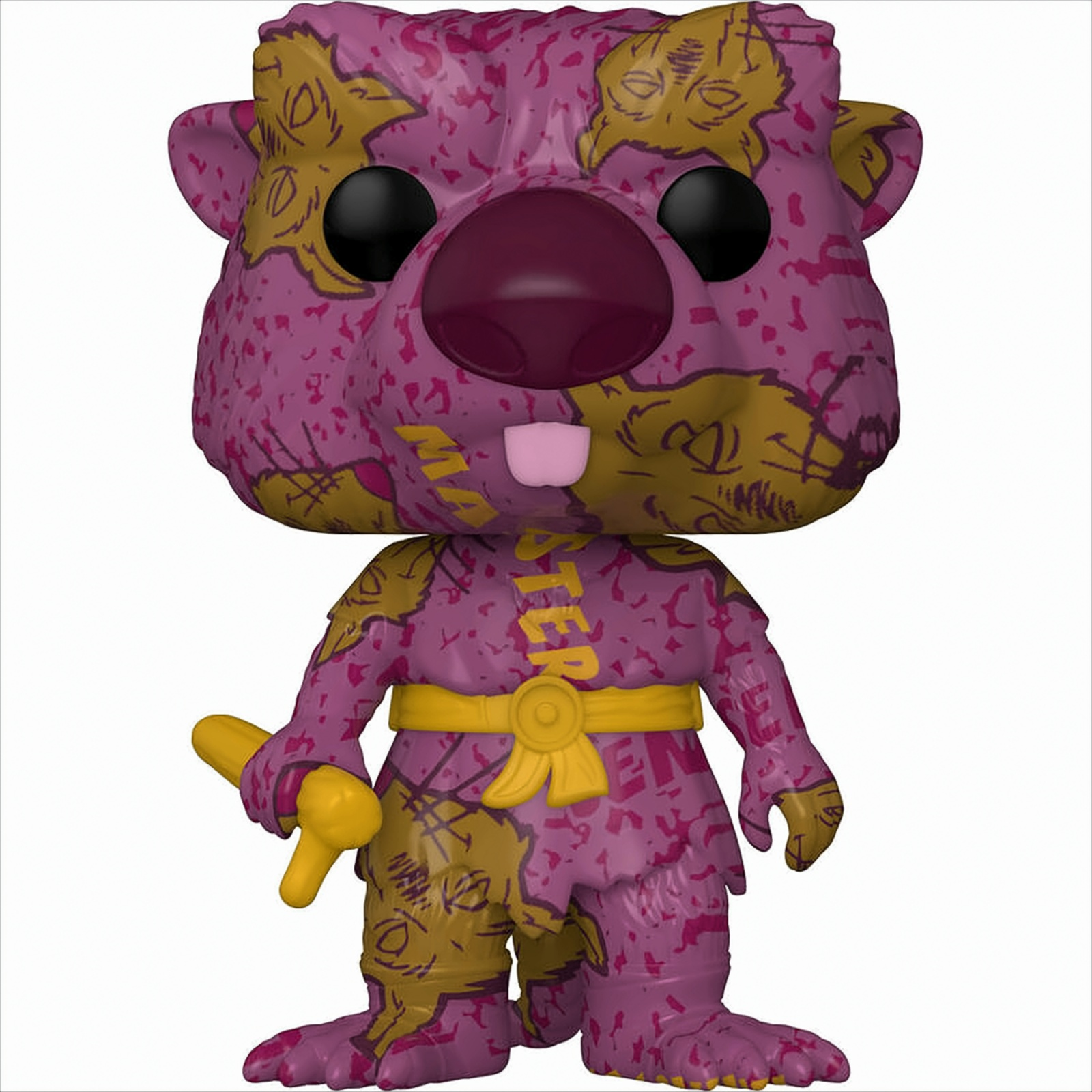 Eine Funko Pop Figur eines lilafarbenen, zombieartigen Bibers, der einen gelben Schläger hält.