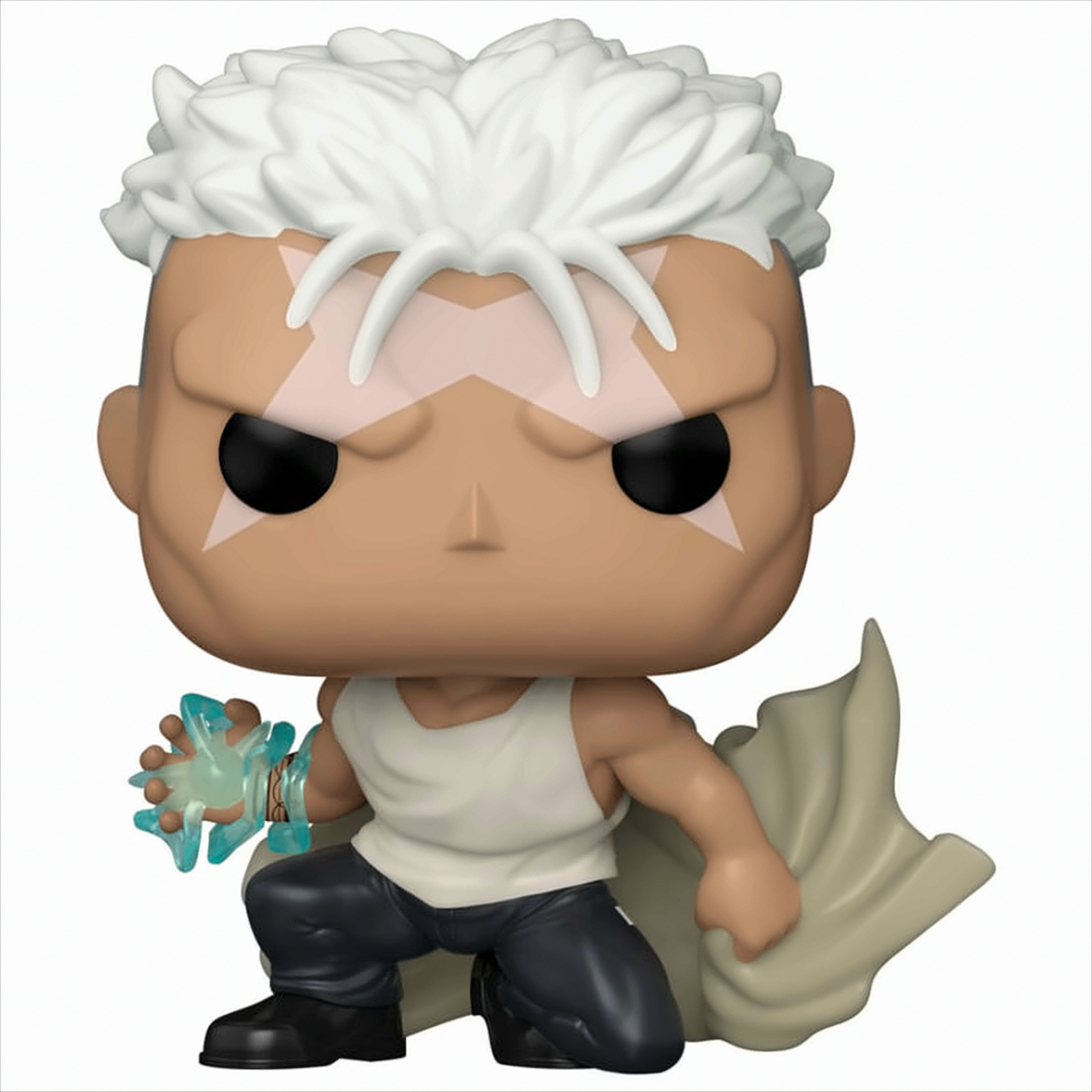 Eine Funko Pop Figur eines Superhelden mit weißen Haaren, Umhang und Energieeffekt.