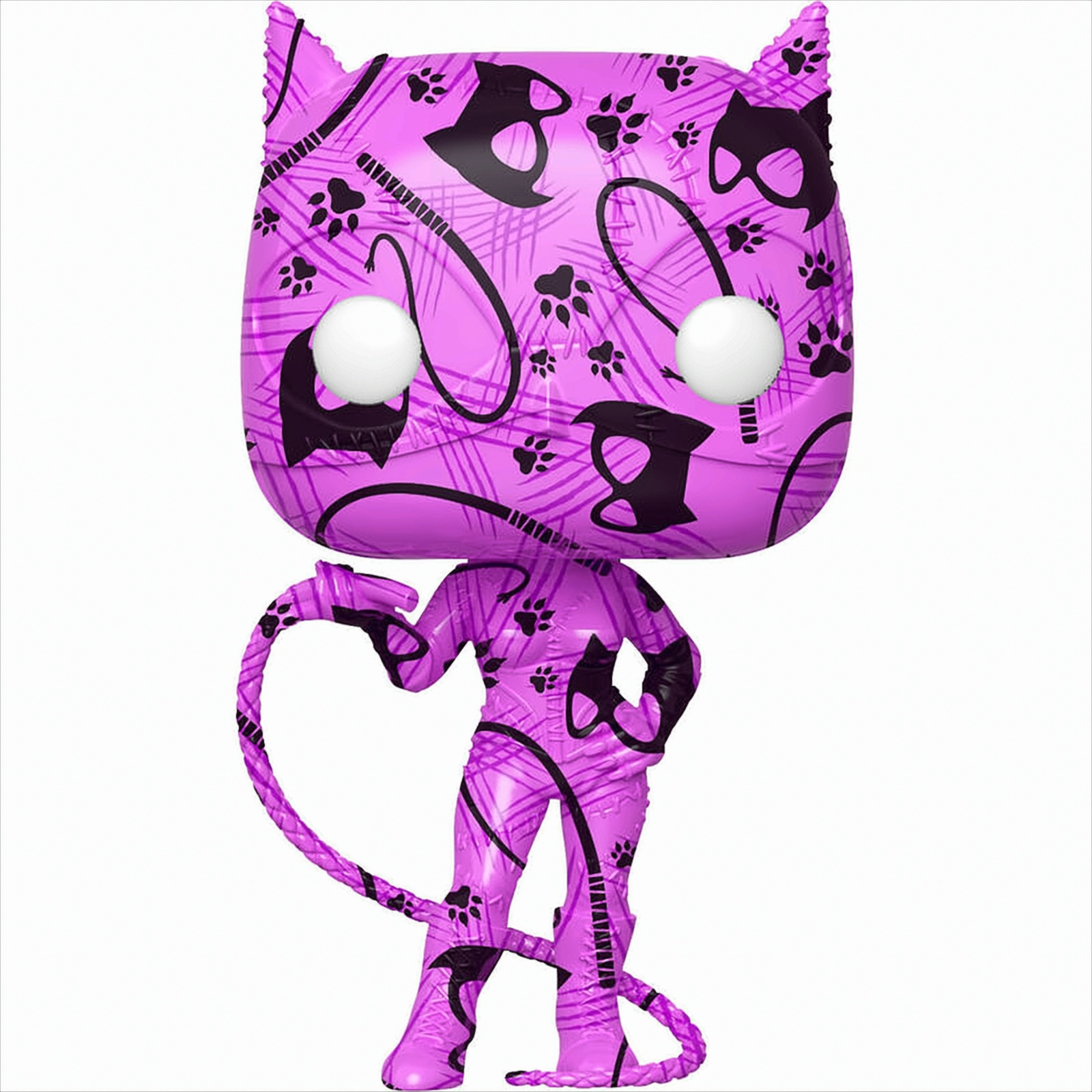 Funko Pop Figur von Catwoman in Pink mit schwarzen Akzenten und Peitsche.