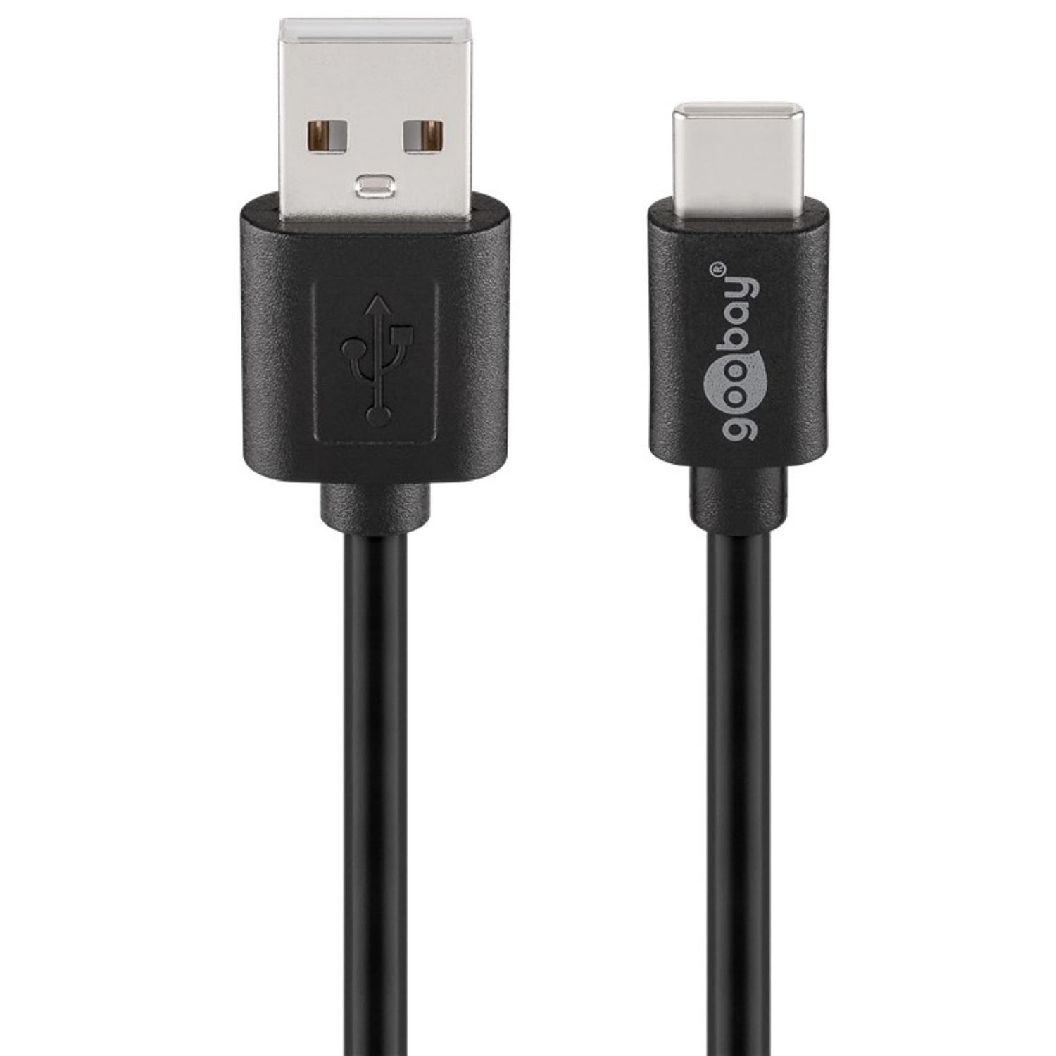 Schwarzes USB-zu-USB-C-Kabel auf weißem Hintergrund.