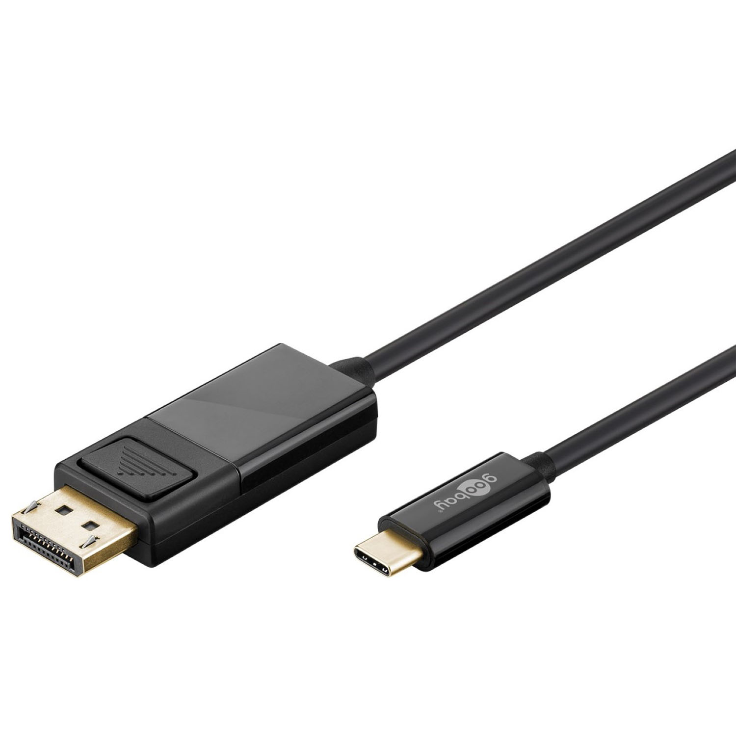 Schwarzes Kabel mit DisplayPort- und USB-C-Anschlüssen.