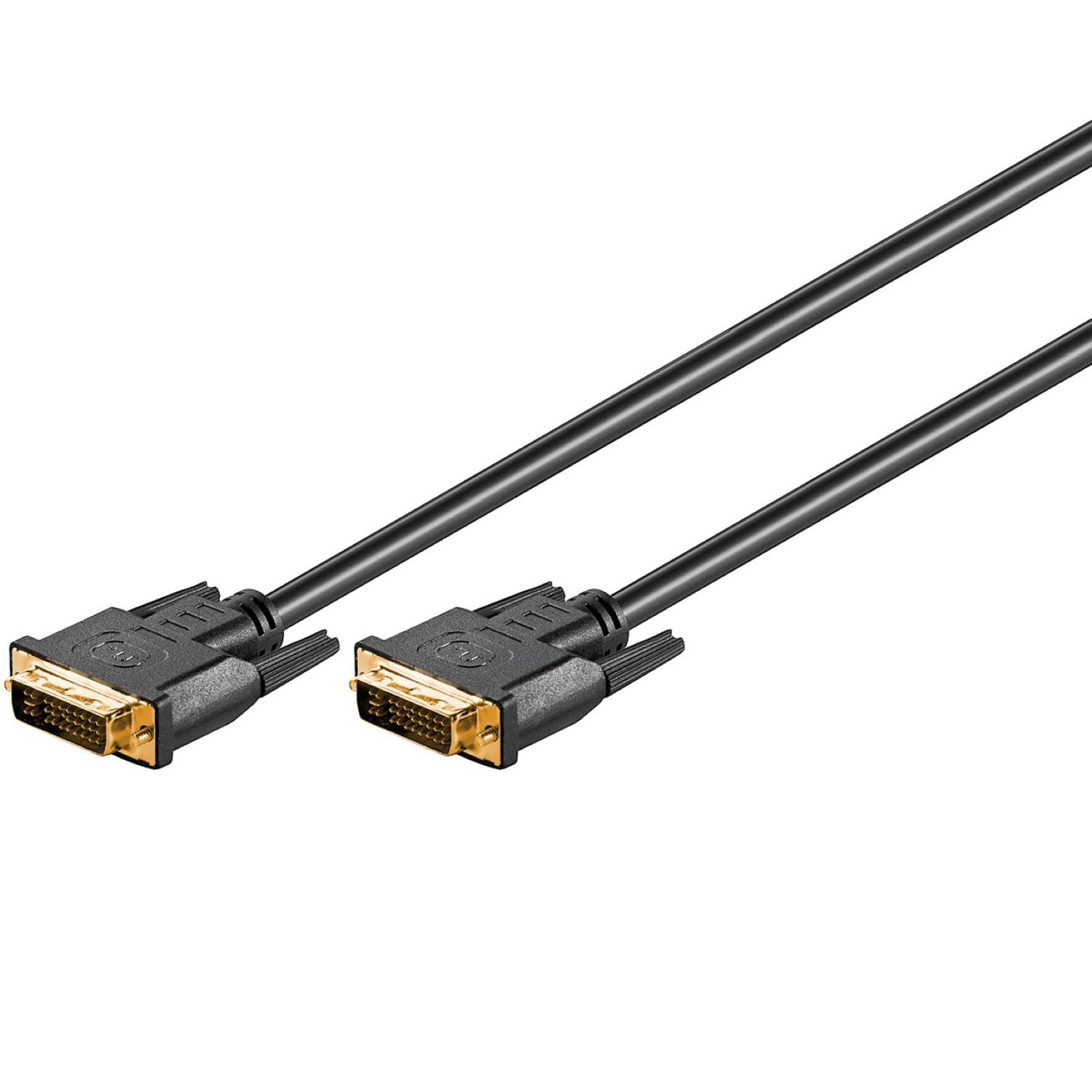 Zwei schwarze DVI-Kabel mit goldfarbenen Steckern. Weißer Hintergrund.