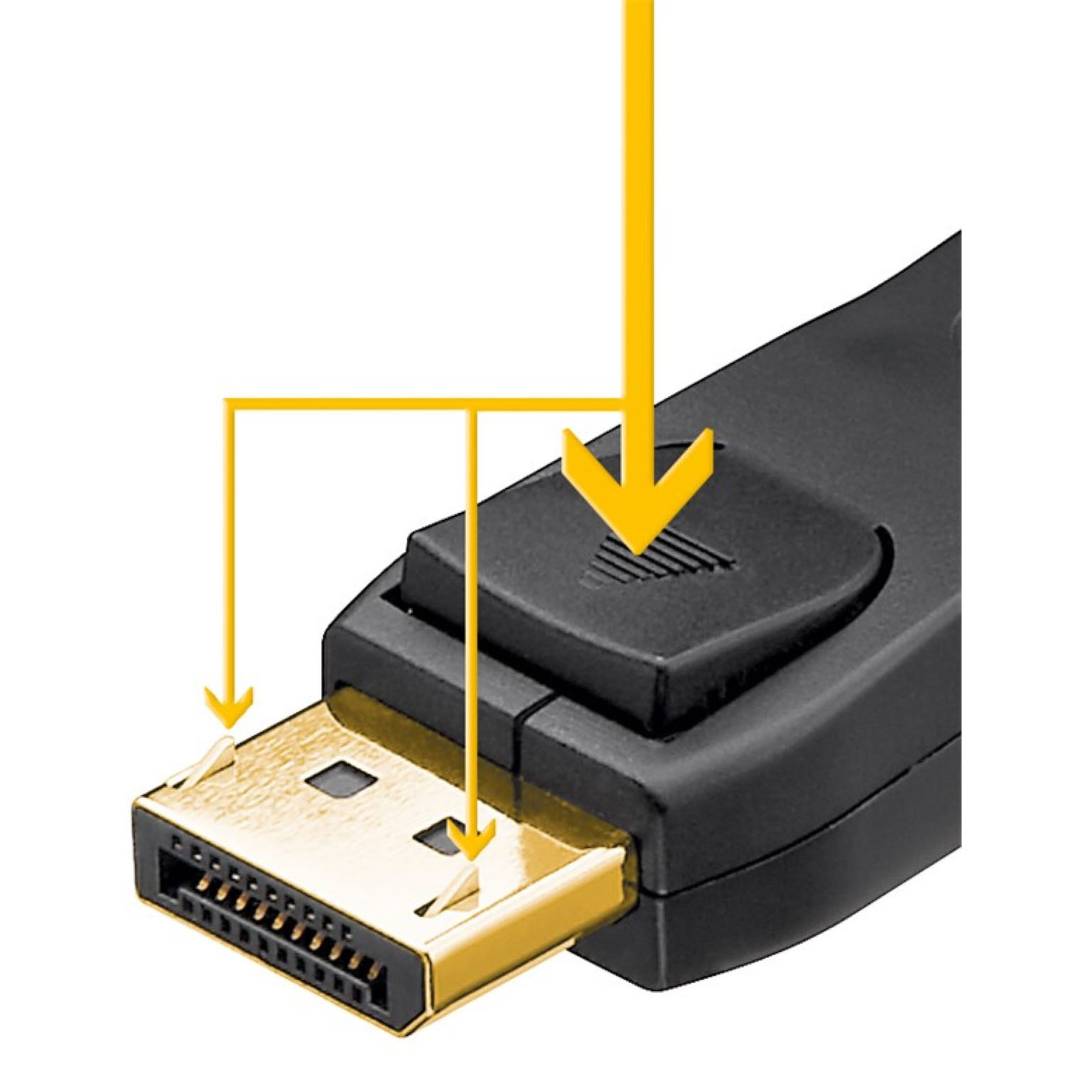 Conector DisplayPort negro. Flechas amarillas indican la dirección de la conexión. Fondo negro.