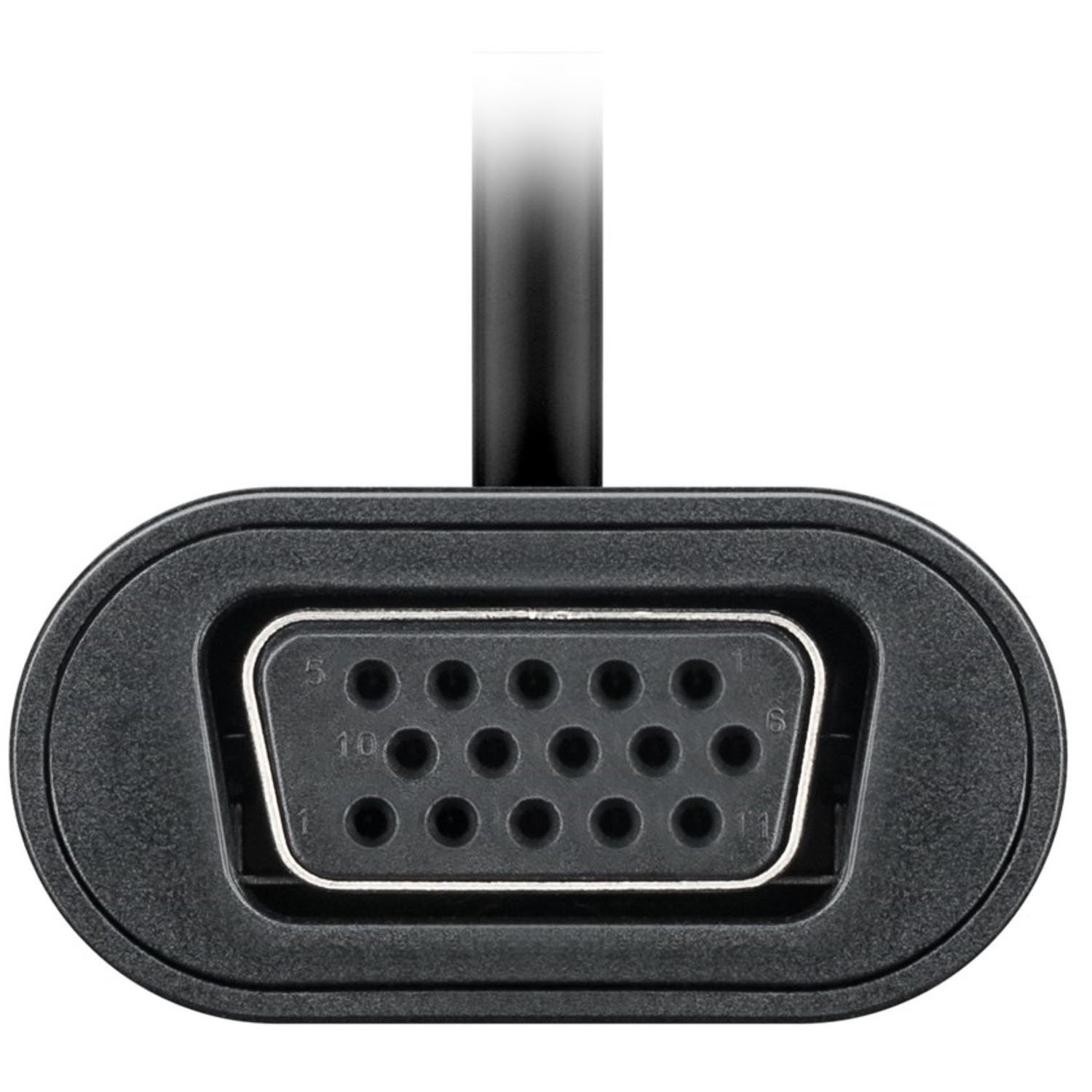 Ein schwarzer VGA-Anschluss, der die Pins zeigt. Der Stecker befindet sich an einem schwarzen Kabel.