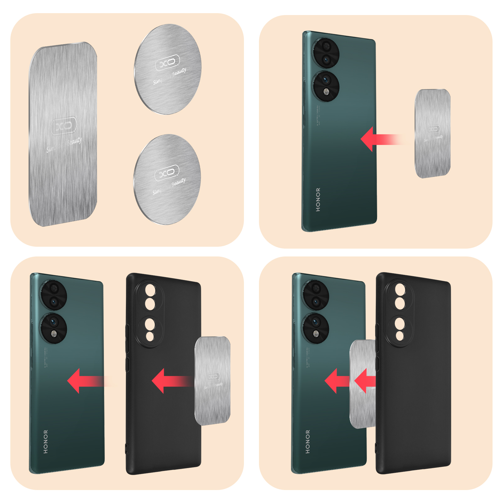 Accesorios para teléfono. Un teléfono, una funda y dos piezas metálicas. Instrucciones sobre cómo colocar los accesorios.