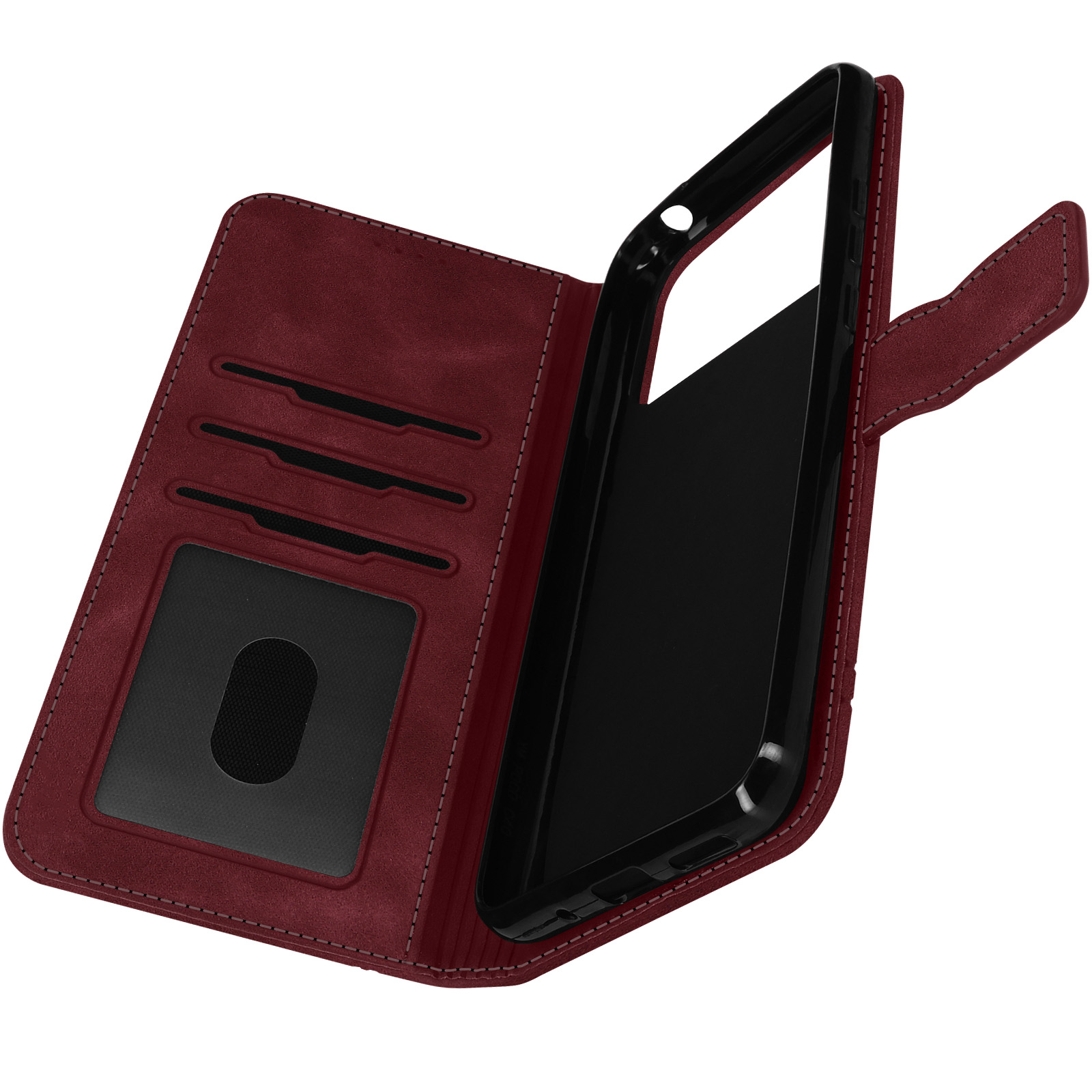 Custodia per telefono in pelle bordeaux, aperta. Interno nero, diversi scomparti per carte.
